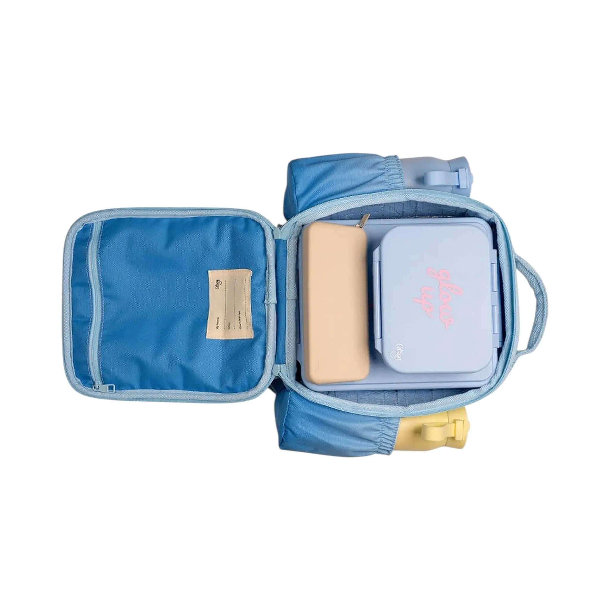 Lil Bunnies - The Collective blue insulated lunchbag backpack open with matching food containers and water bottles
