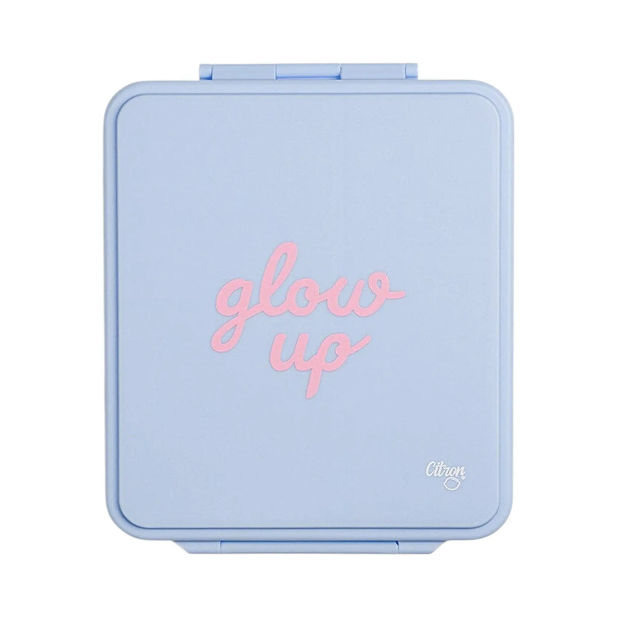 Lil Bunnies - The Collective blue lunchbox with pink glow up text and insulated food jar compartment