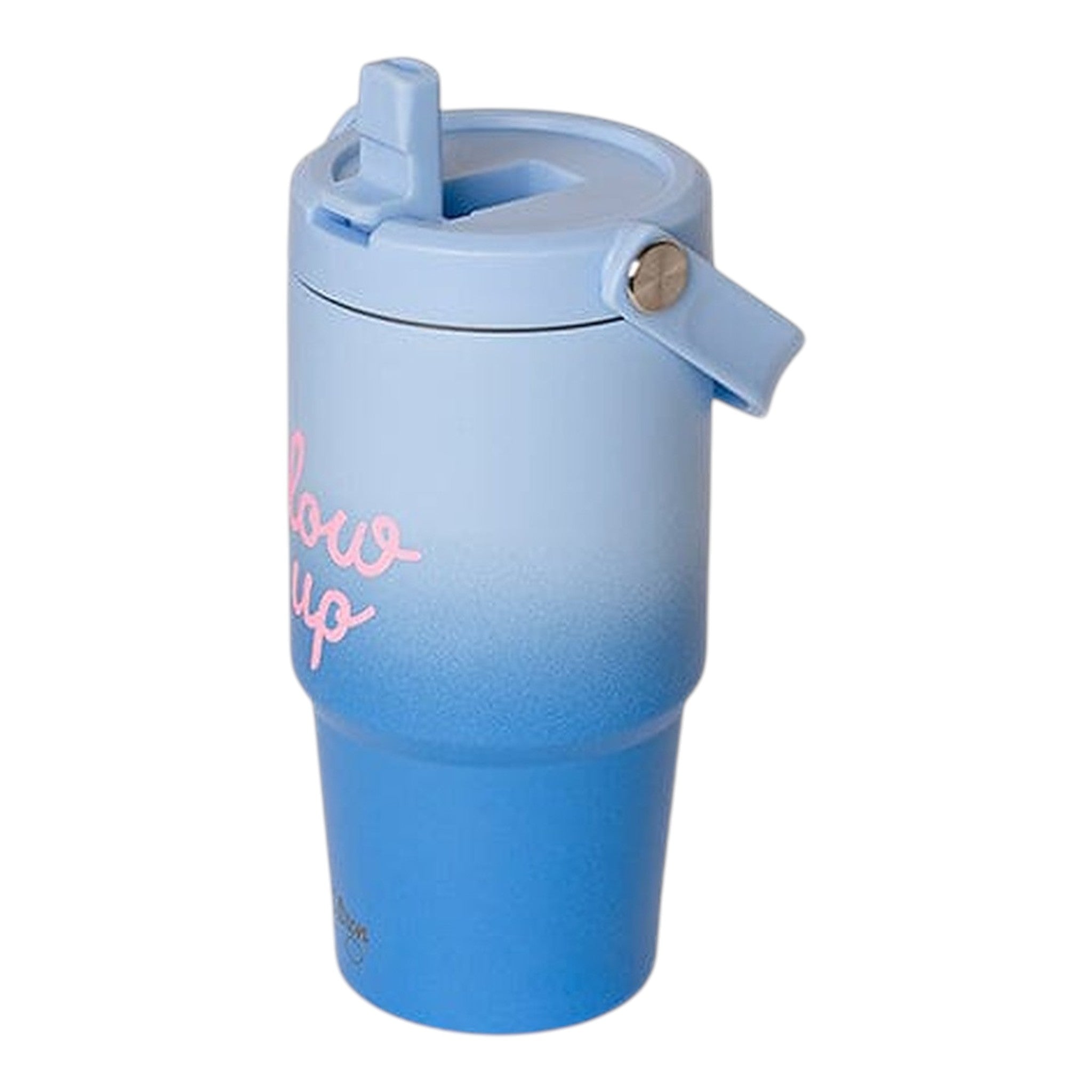 Lil Bunnies - The Collective 600ml insulated tumbler in blue ombre with pink Glowup text and a flip-top straw lid