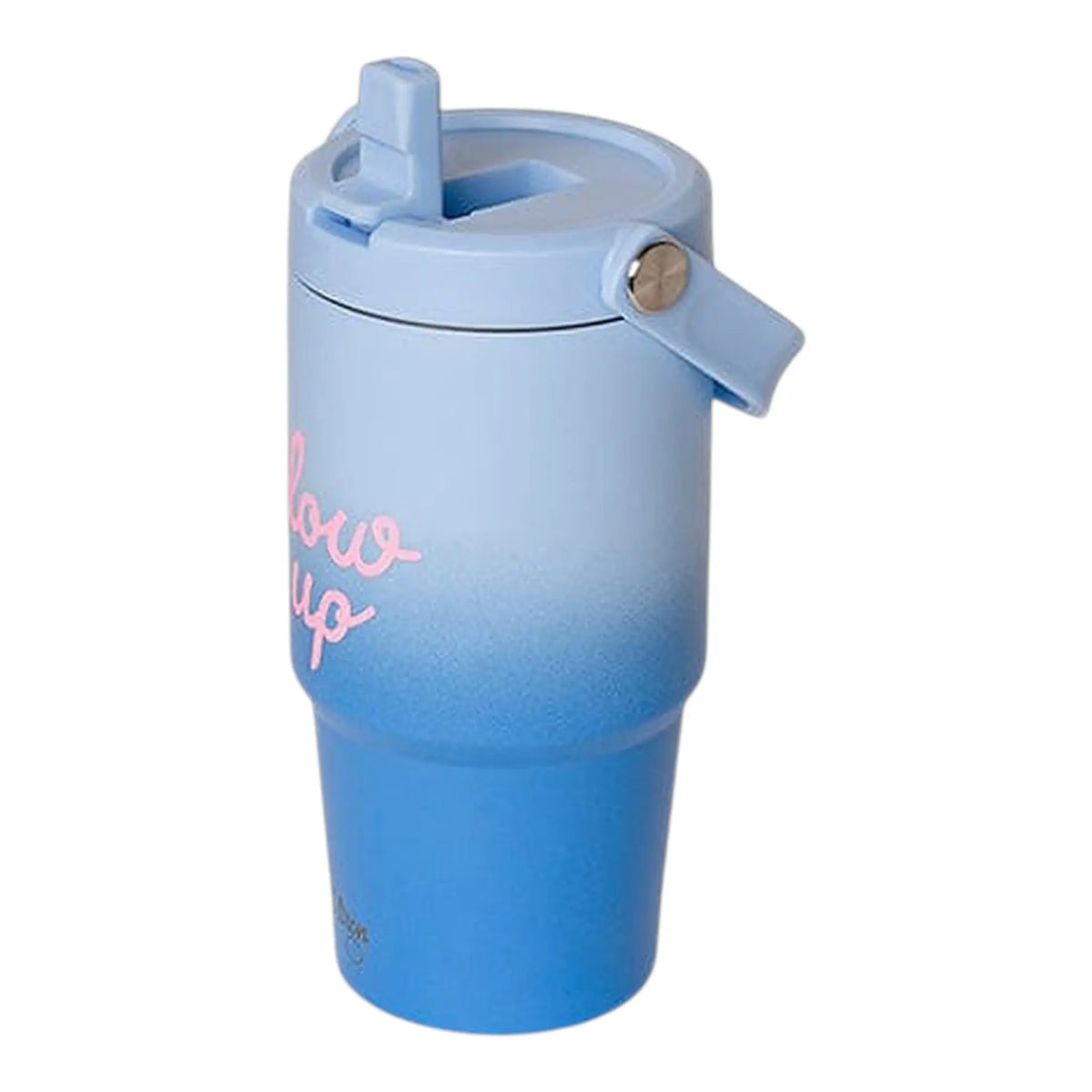 Lil Bunnies - The Collective 600ml insulated tumbler in blue ombre with pink Glowup text and a flip-top straw lid