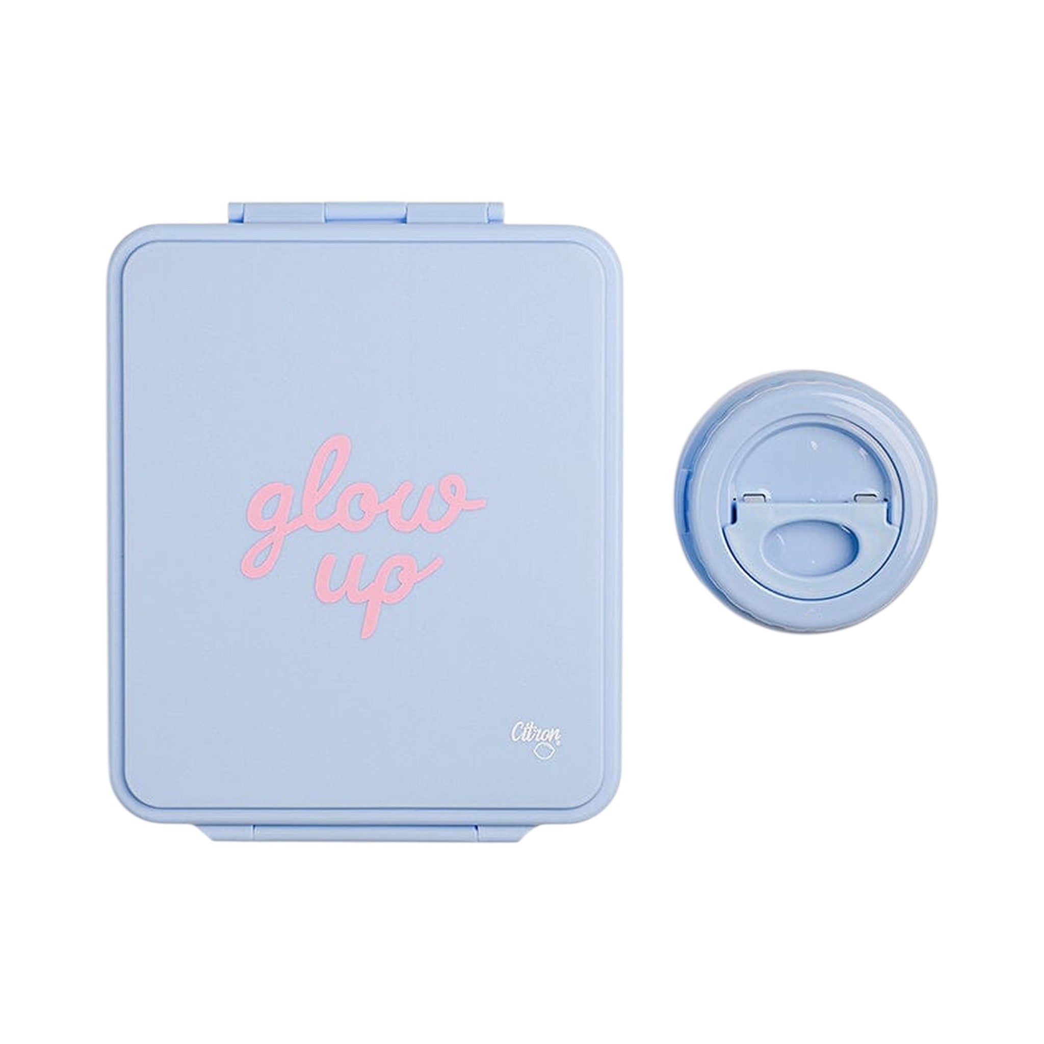 Lil Bunnies - The Collective blue lunchbox with matching insulated food jar featuring Glow Up text in pink