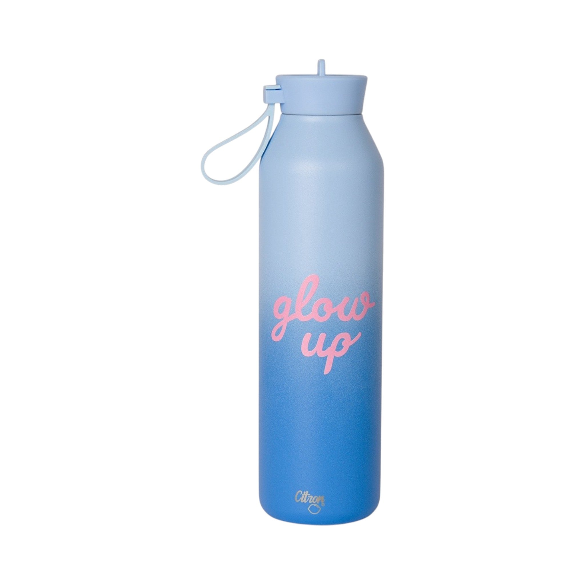 Lil Bunnies - The Collective 750ml blue ombre water bottle with pink glow up text and a convenient carry loop