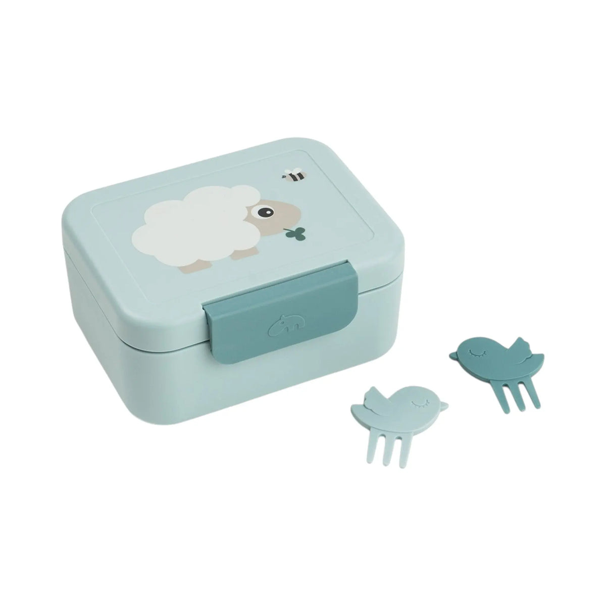 Lil Bunnies - The Collective blue snack box with sheep illustration, removable divider, and two bird-shaped food picks.