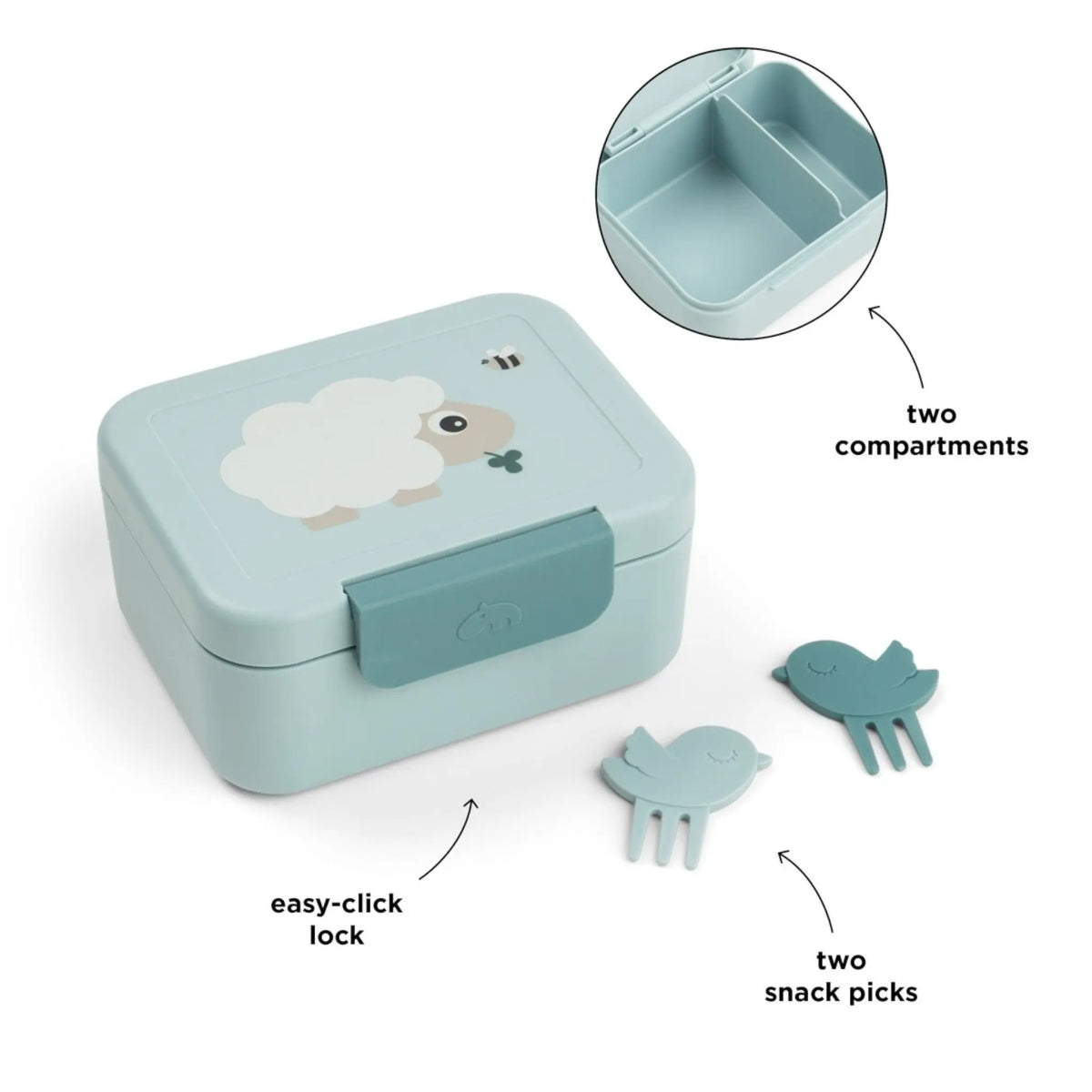 Lil Bunnies - The Collective blue snack box with sheep illustration, divider, easy-click lock, and two bird picks.