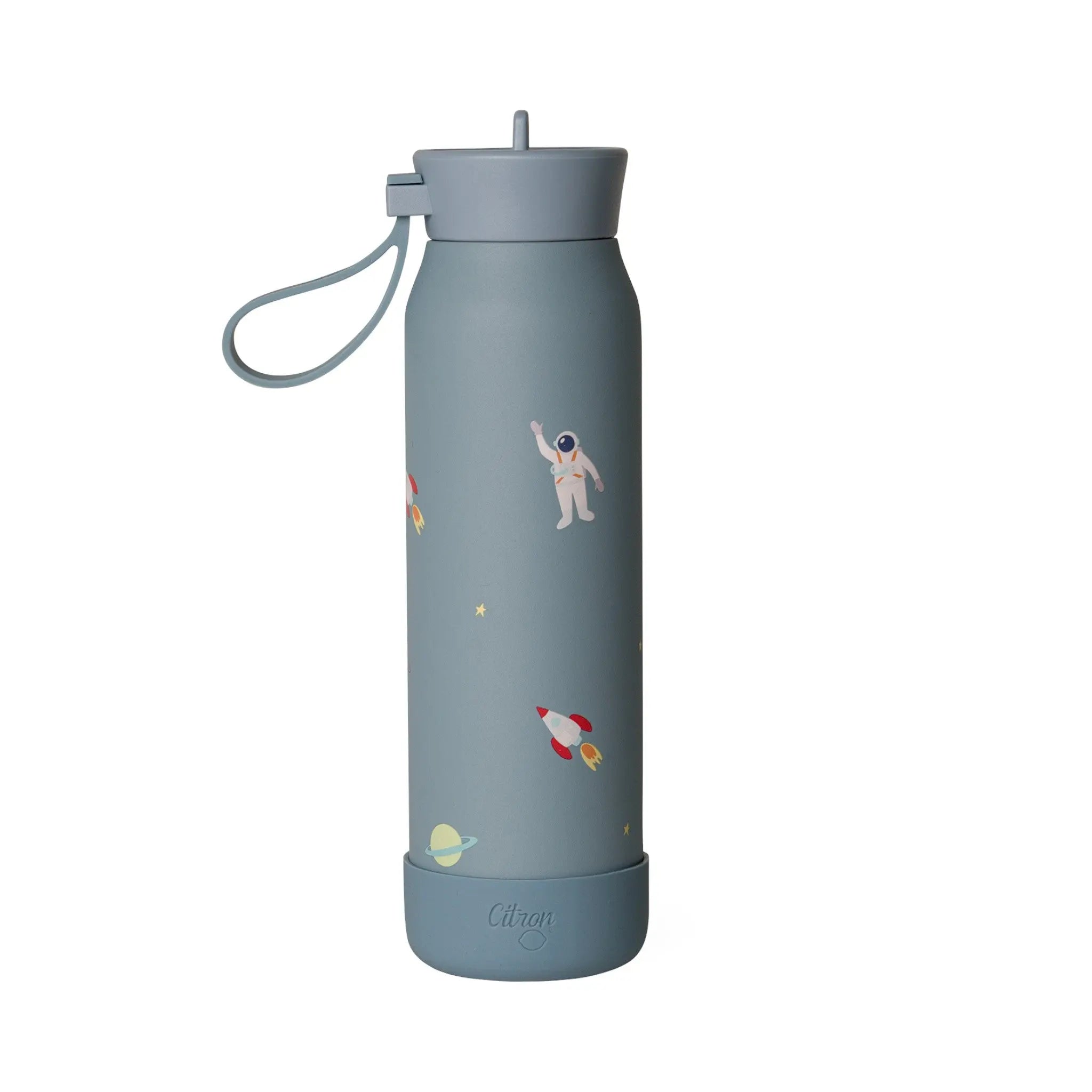 Lil Bunnies - The Collective 350ml blue stainless steel water bottle with astronaut and spaceship print