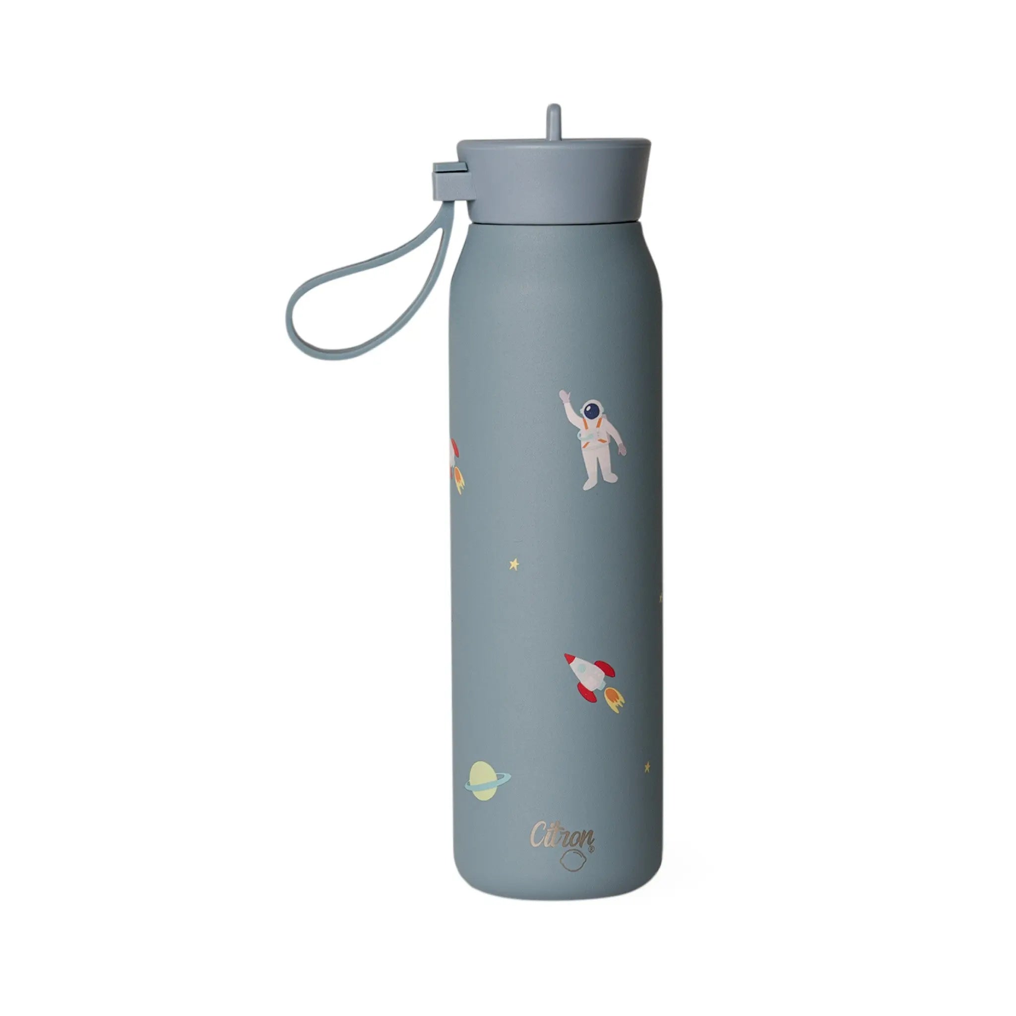 Lil Bunnies - The Collective 350ml blue stainless steel water bottle with astronaut and spaceship print