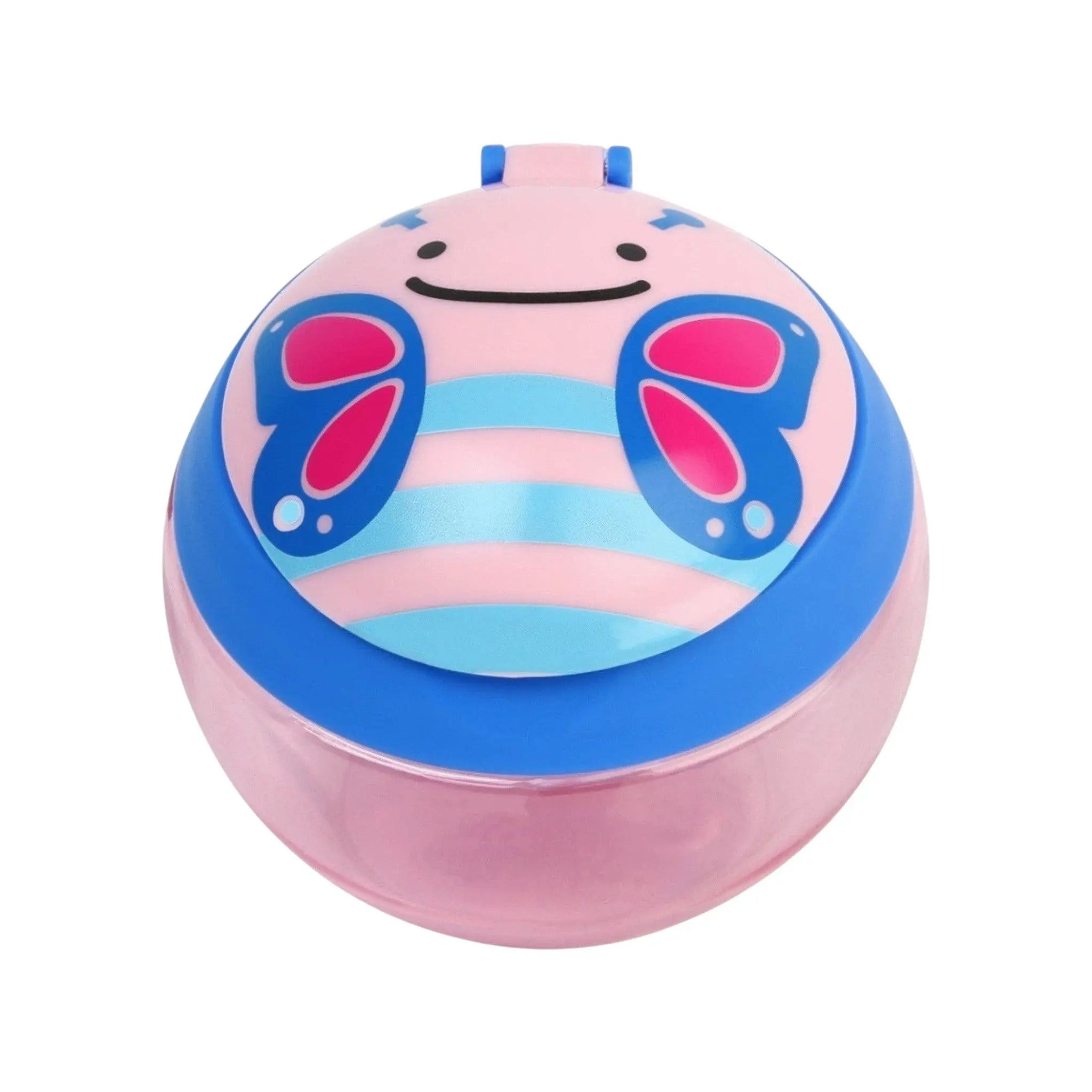Lil Bunnies - The Collective butterfly snack cup with a pink and blue lid and a clear pink base for toddlers.