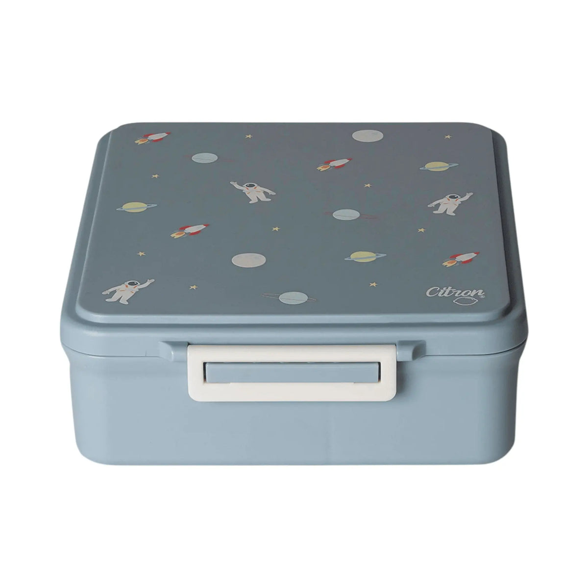 Lil Bunnies - The Collective dusty blue 4-compartment lunch box featuring a playful spaceship and astronaut pattern.
