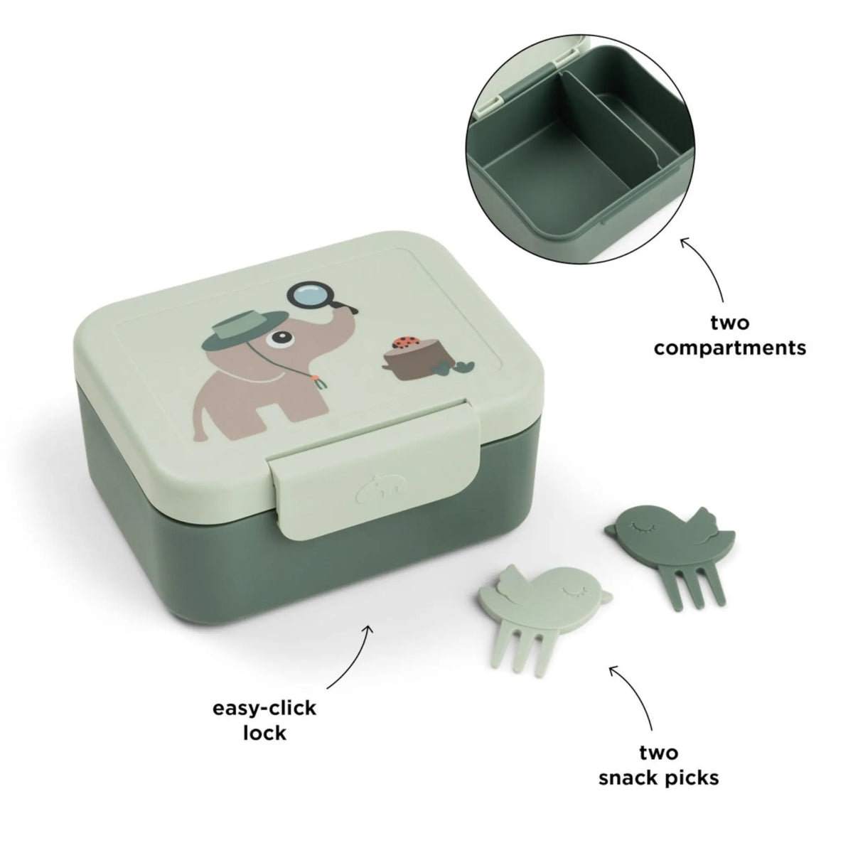 Lil Bunnies - The Collective explorer green snack box with elephant illustration, two compartments, and bird picks.