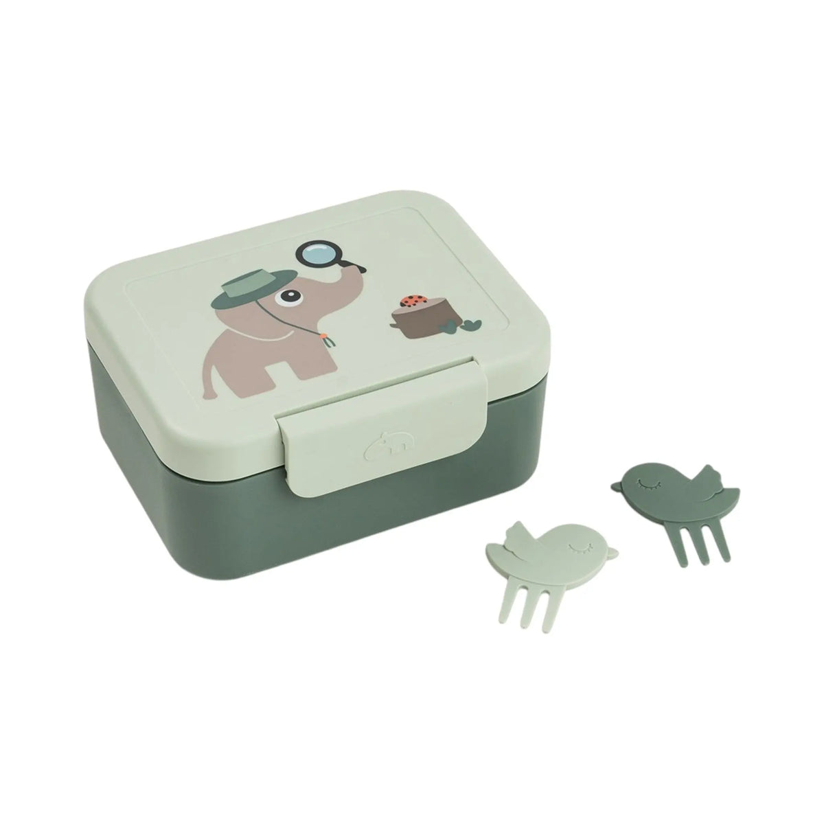 Lil Bunnies - The Collective explorer green snack box with elephant print, internal divider, and two bird food picks.