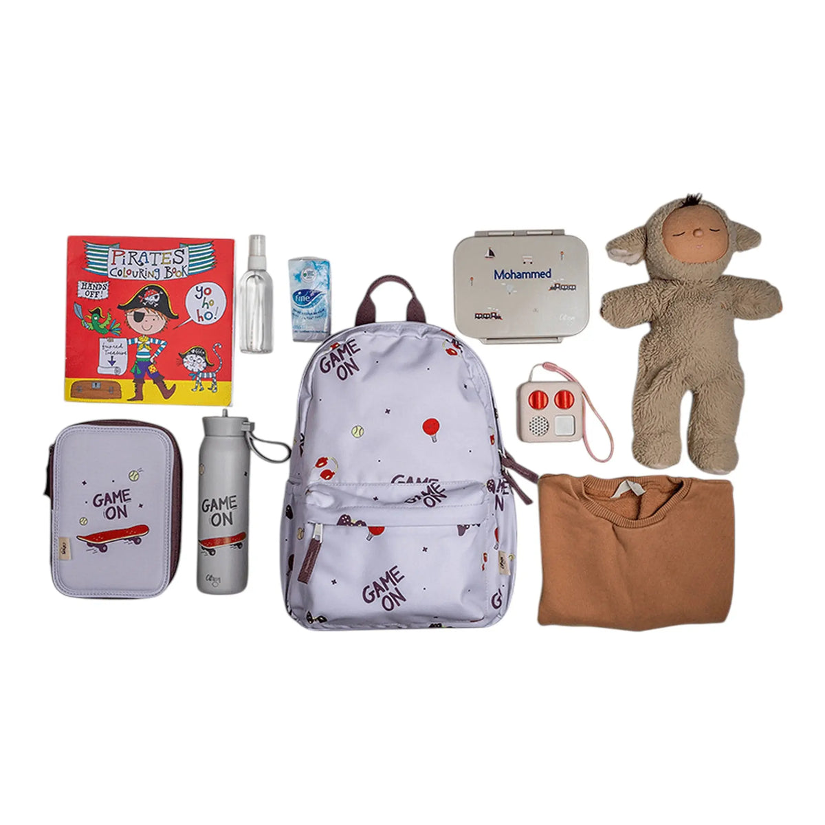 Lil Bunnies - The Collective Medium Backpack in white with sports print, surrounded by kids&