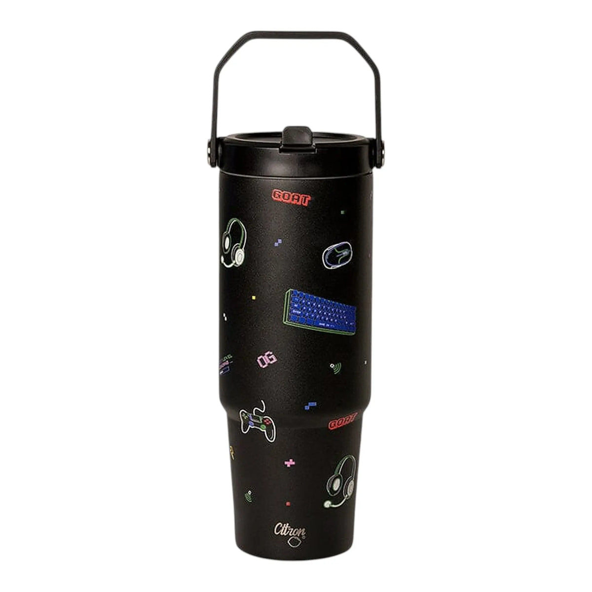 Lil Bunnies - The Collective 900ml black insulated tumbler featuring colourful gaming-themed stickers and a handle.