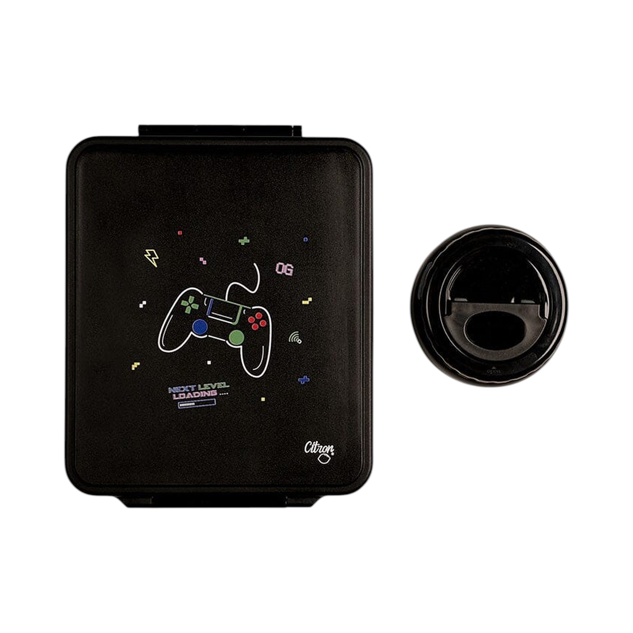 Lil Bunnies - The Collective gaming-themed black lunchbox with matching insulated food jar and controller graphic
