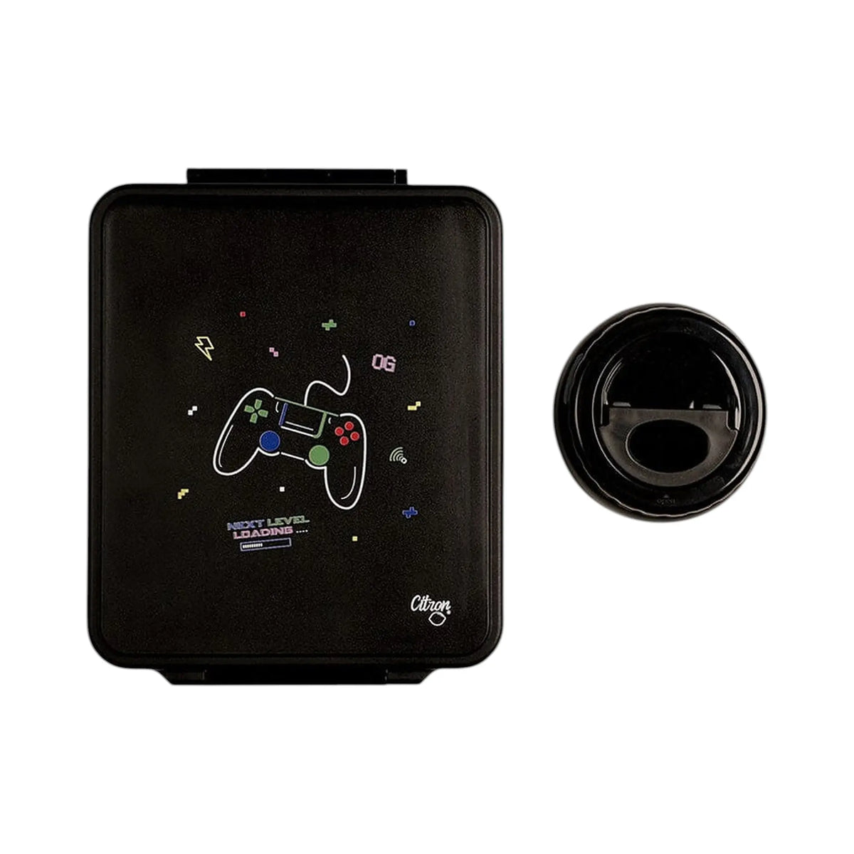Lil Bunnies - The Collective gaming-themed black lunchbox with matching insulated food jar and controller graphic