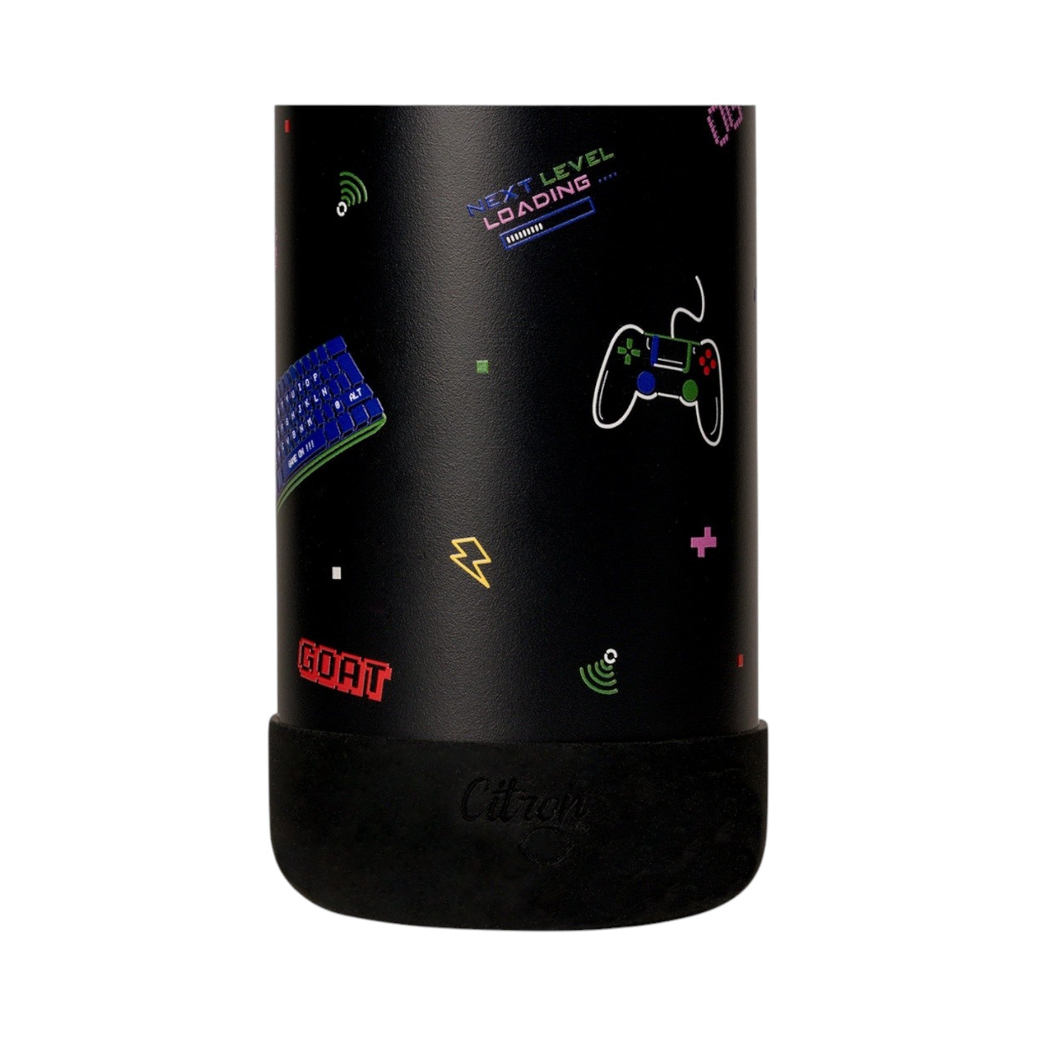 Lil Bunnies - The Collective 750ml black gaming water bottle with colorful video game icons and text graphics