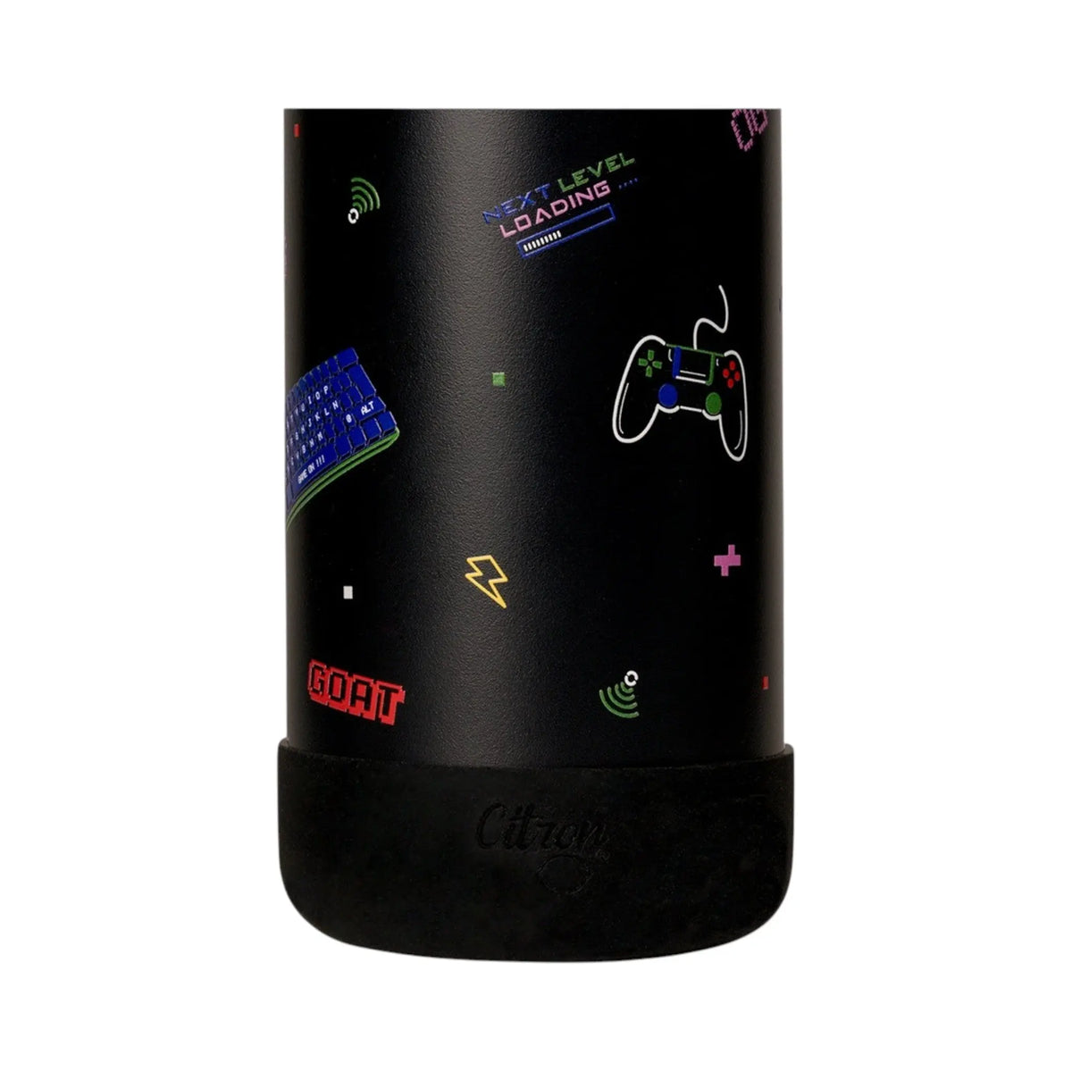 Lil Bunnies - The Collective 750ml black gaming water bottle with colorful video game icons and text graphics