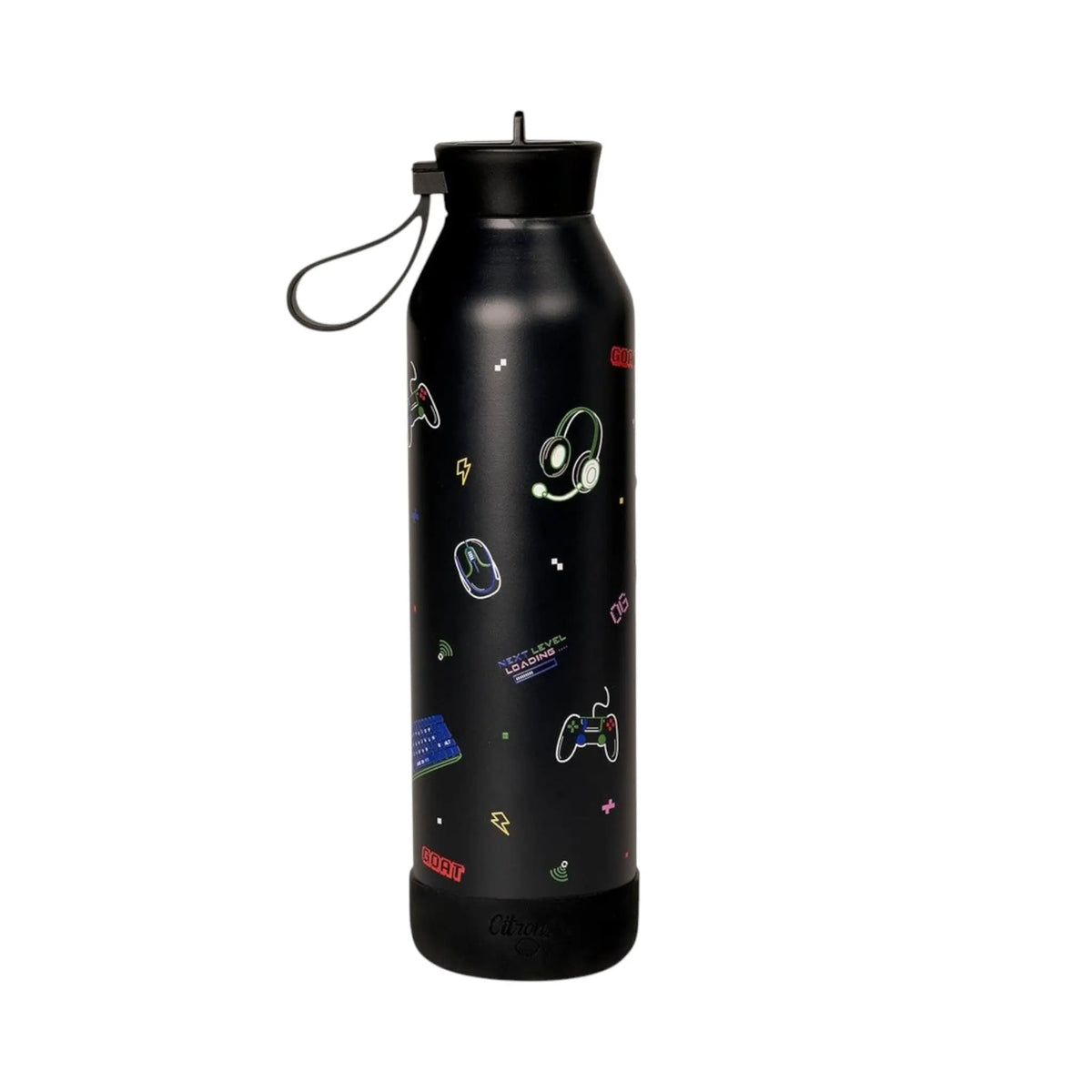Lil Bunnies - The Collective 750ml black gaming water bottle with neon-style controller and headset icons