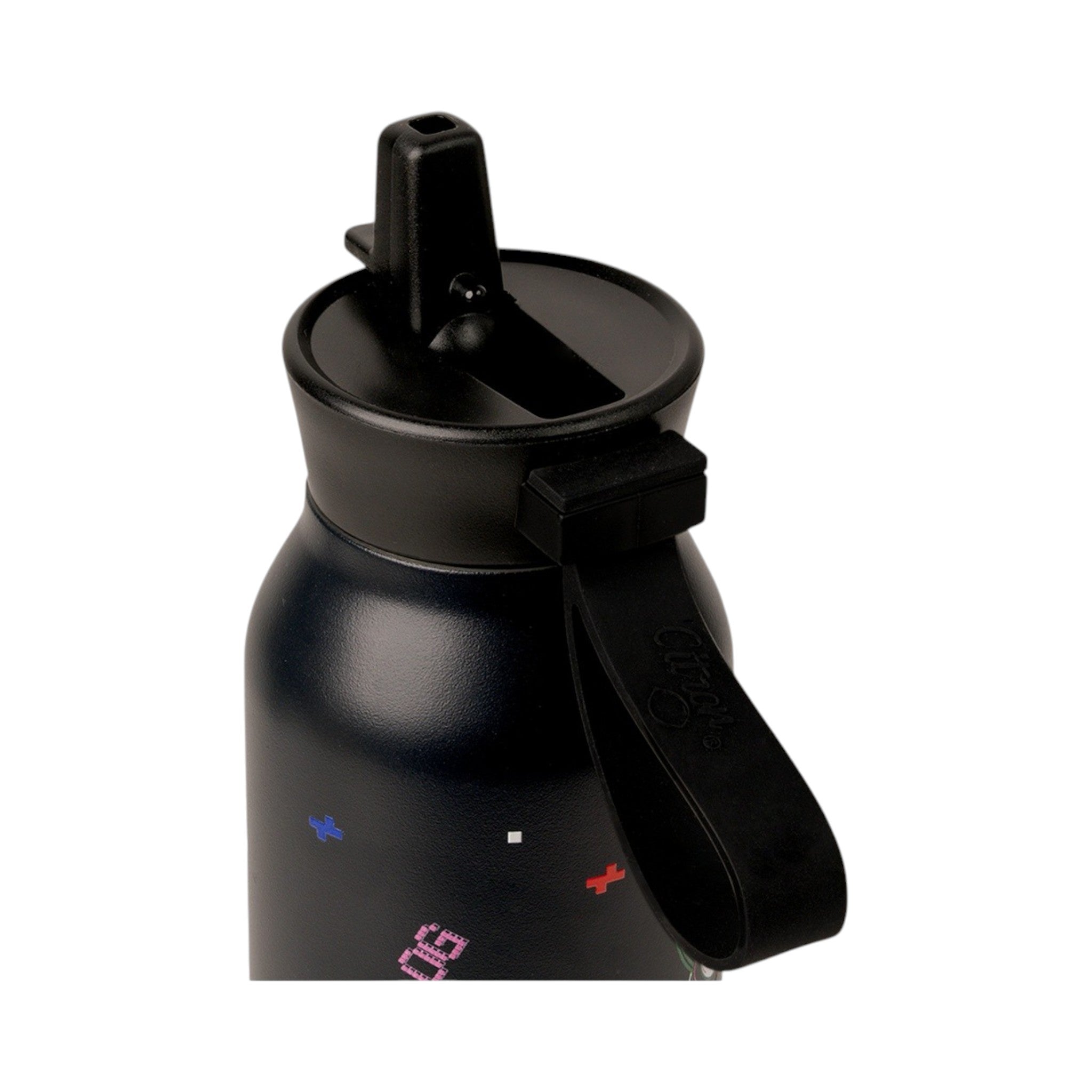 Lil Bunnies - The Collective 500ml black gaming water bottle with a flip-up straw lid and colourful pixel icons