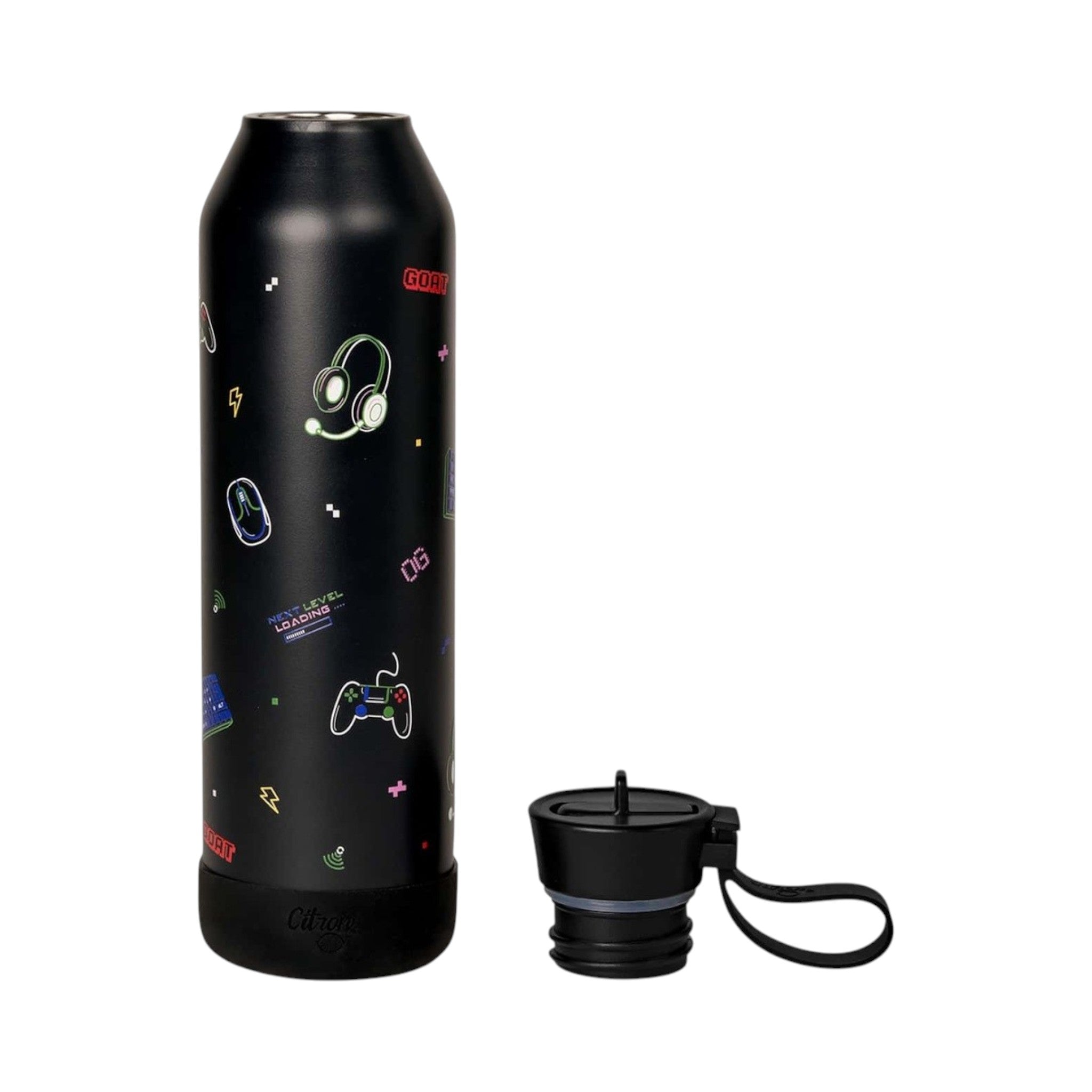 Lil Bunnies - The Collective 750ml black stainless steel water bottle with gaming icons and a detachable lid