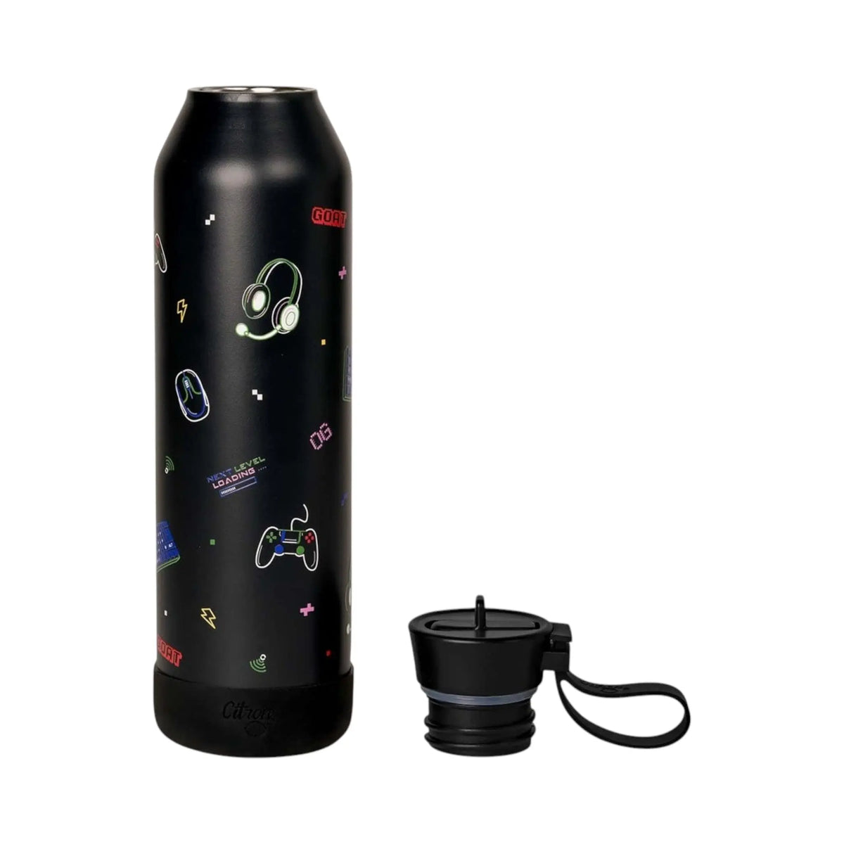 Lil Bunnies - The Collective 750ml black stainless steel water bottle with gaming icons and a detachable lid
