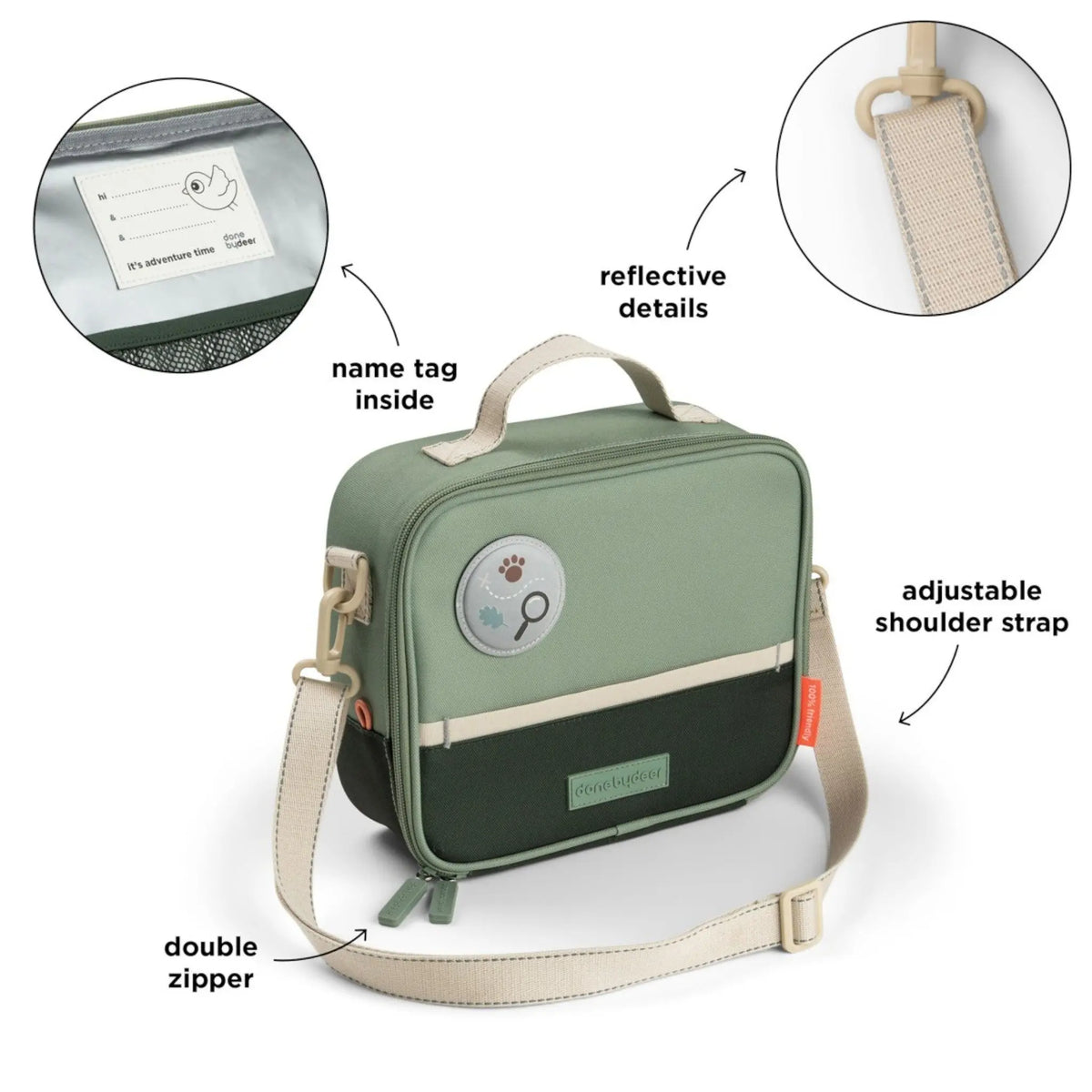 Lil Bunnies - The Collective green insulated 4L lunch bag with adjustable strap, reflective details, and name tag.