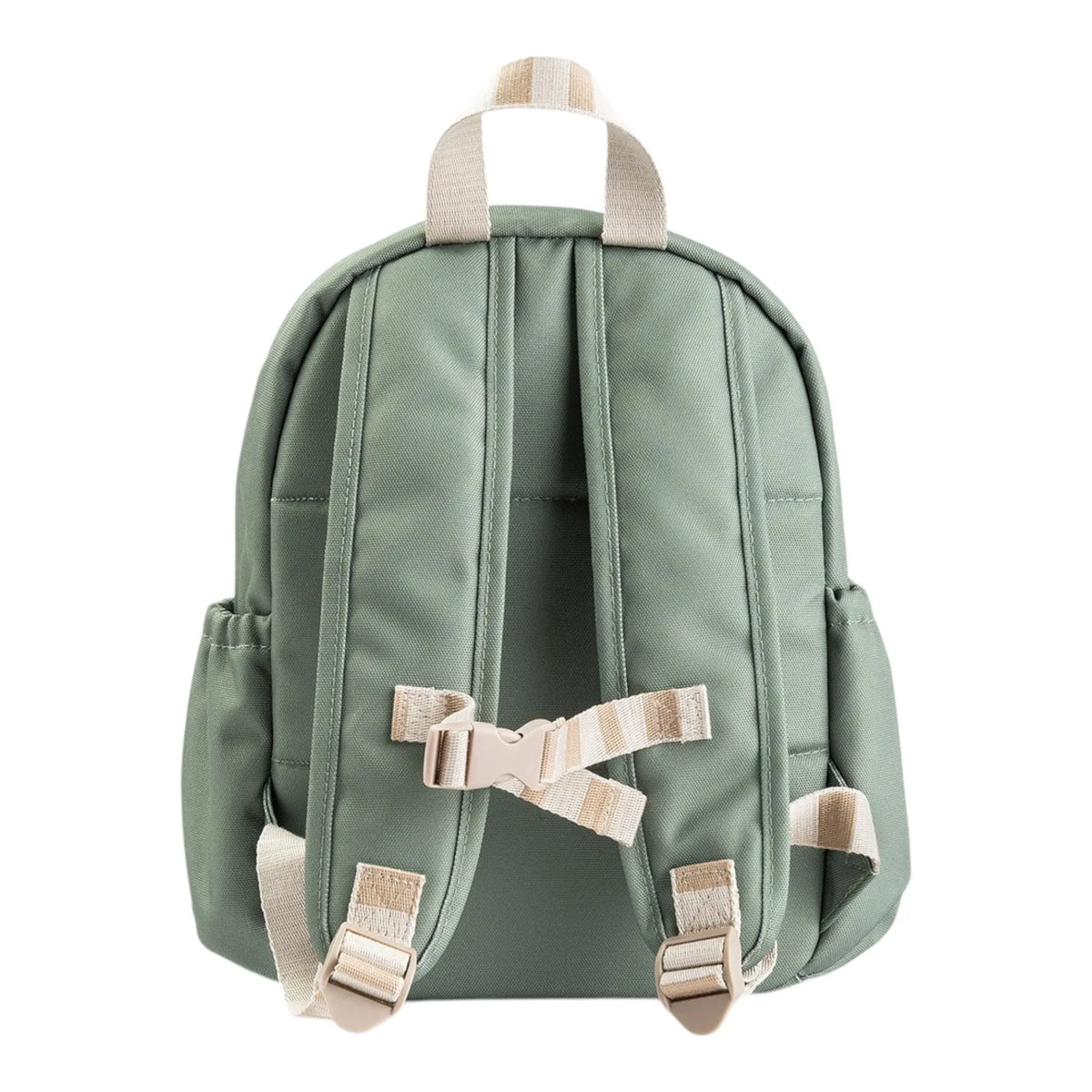 Lil Bunnies - The Collective kids backpack in sage green with beige striped straps and a chest buckle closure