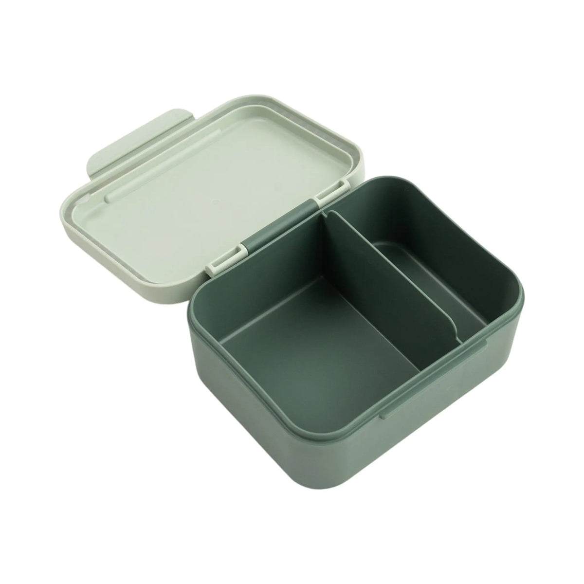 Lil Bunnies - The Collective explorer green snack box with an open lid and internal divider for organized food storage