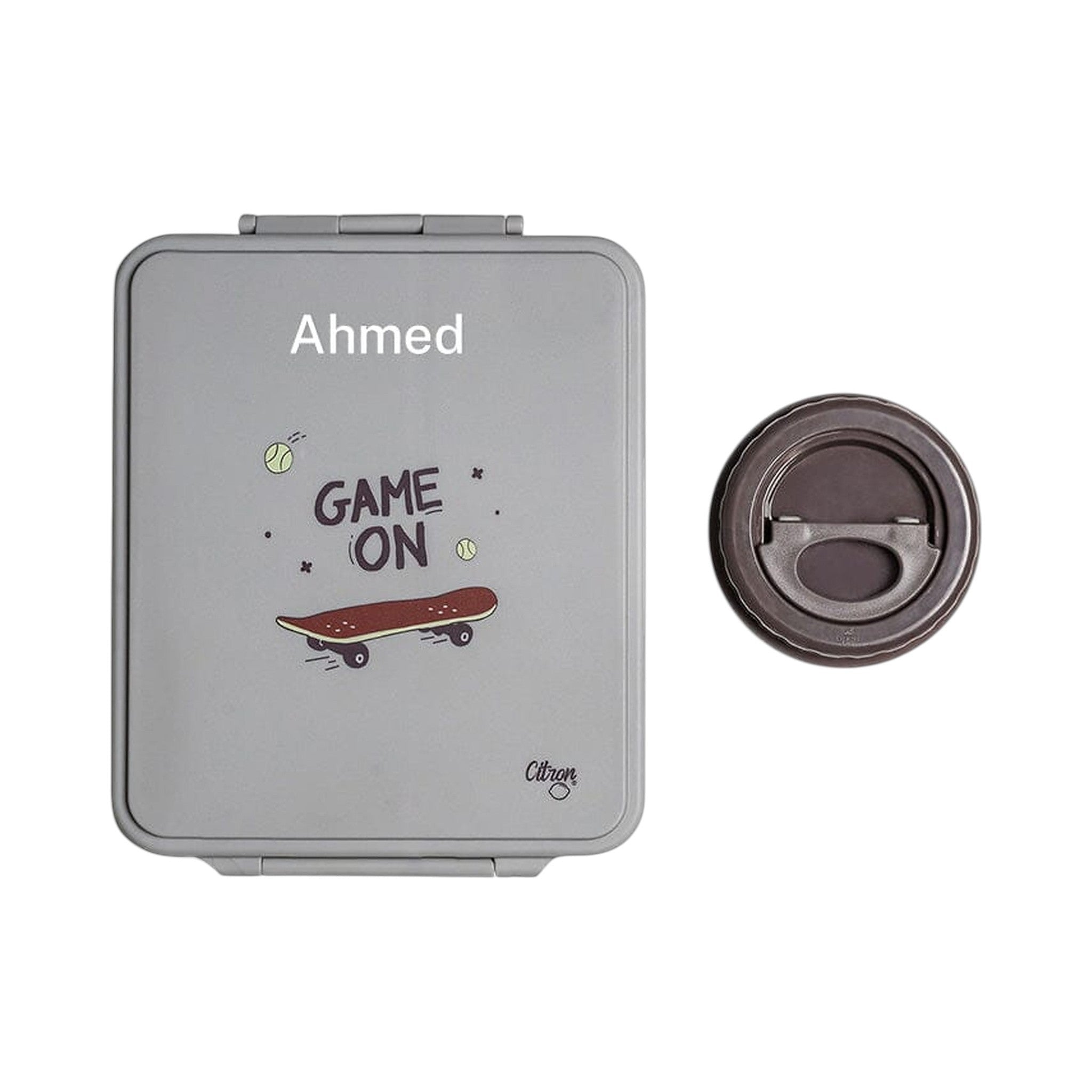 Lil Bunnies - The Collective grey 4-compartment lunch box with skateboard print and matching dark brown food jar
