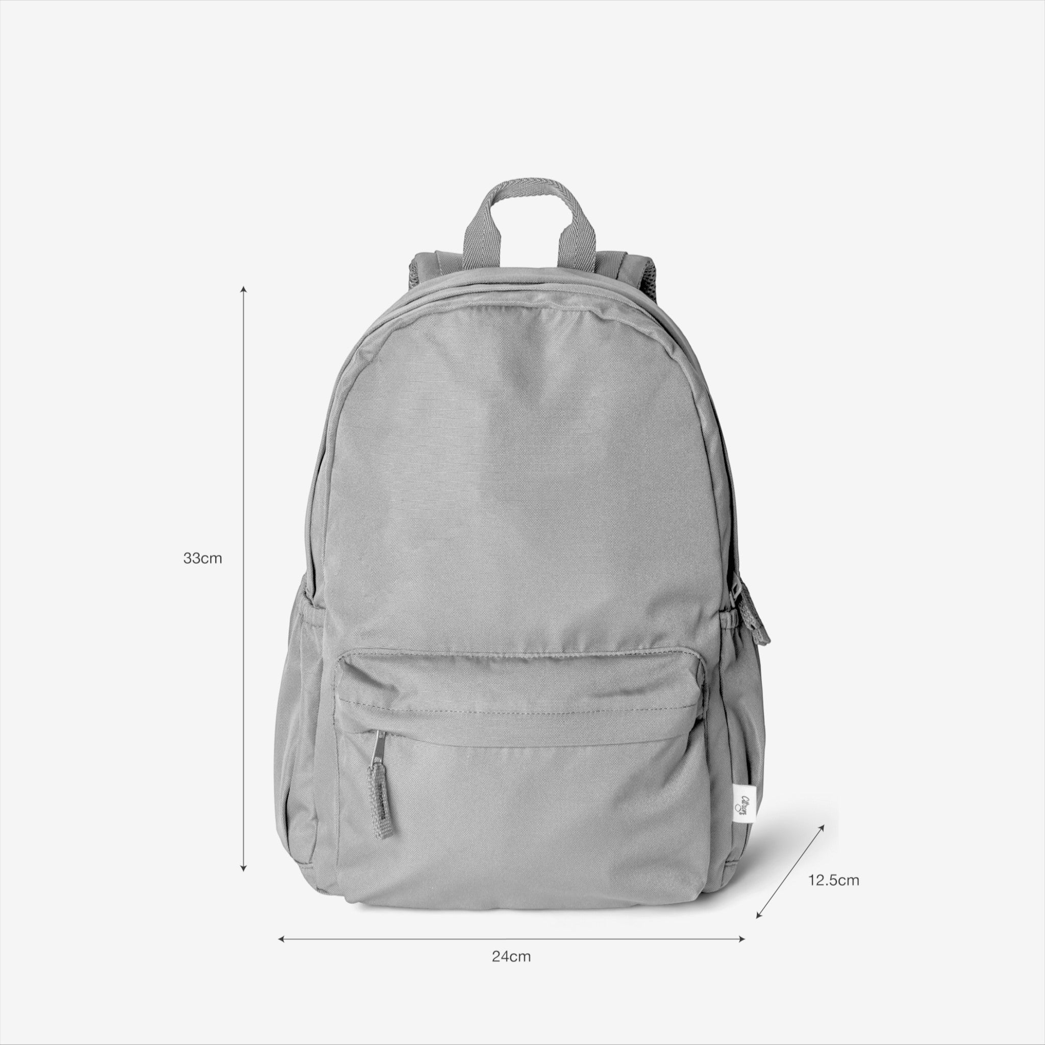 Lil Bunnies - The Collective medium grey spaceship backpack with front pocket and dimensions shown on white background