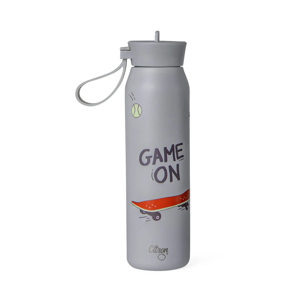 Lil Bunnies - The Collective 350ml grey stainless steel water bottle with Game On skateboard graphic