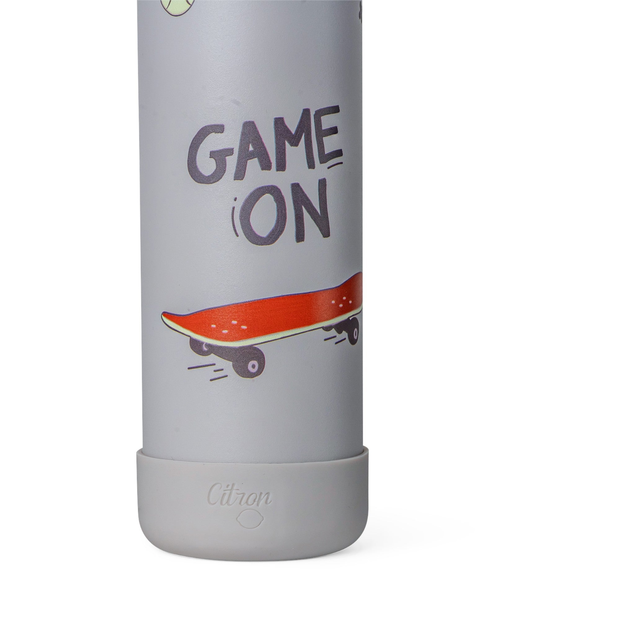 Lil Bunnies - The Collective 350ml grey water bottle featuring a skateboard graphic and Game On text