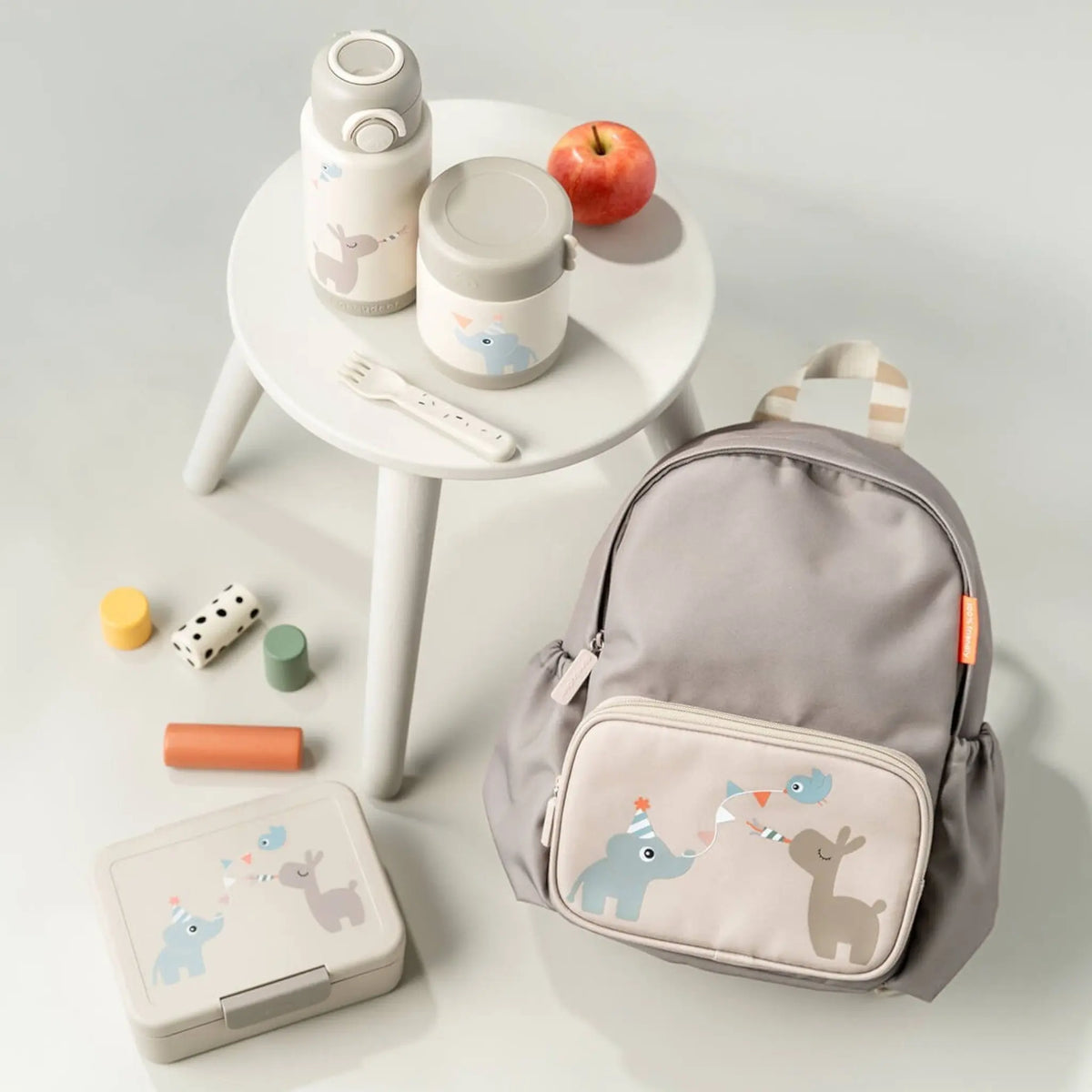 Lil Bunnies - The Collective insulated food jar in sand with cute animal illustrations, displayed with matching gear.