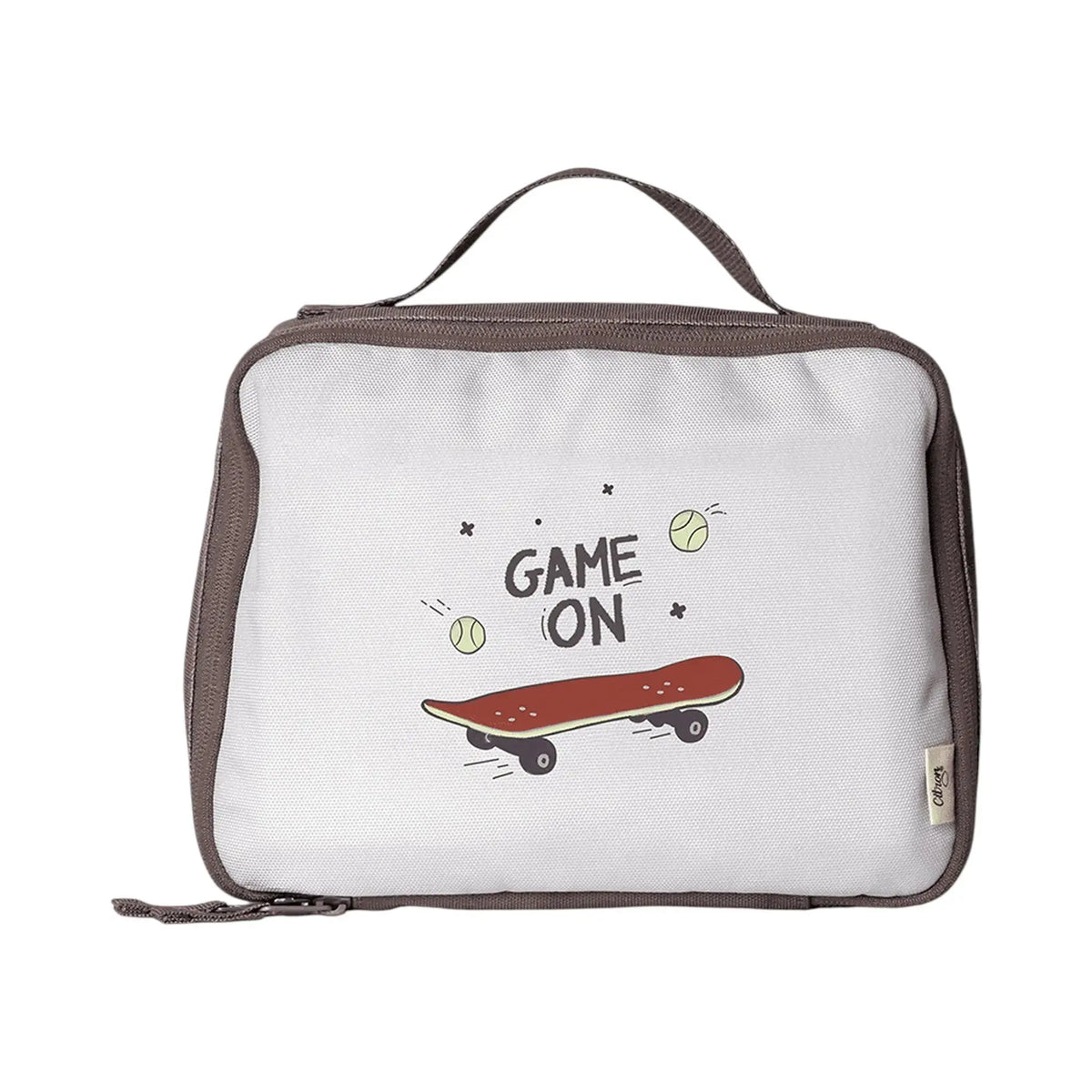 Lil Bunnies - The Collective insulated square lunch bag in white with a skateboard and tennis ball Game On print