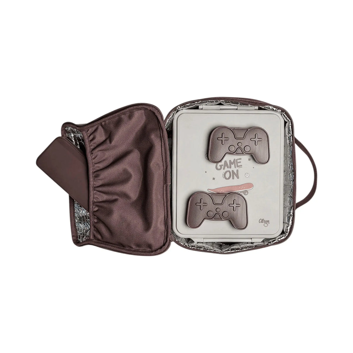 Lil Bunnies - The Collective insulated square lunch bag in dark brown with a game controller themed lunch box inside