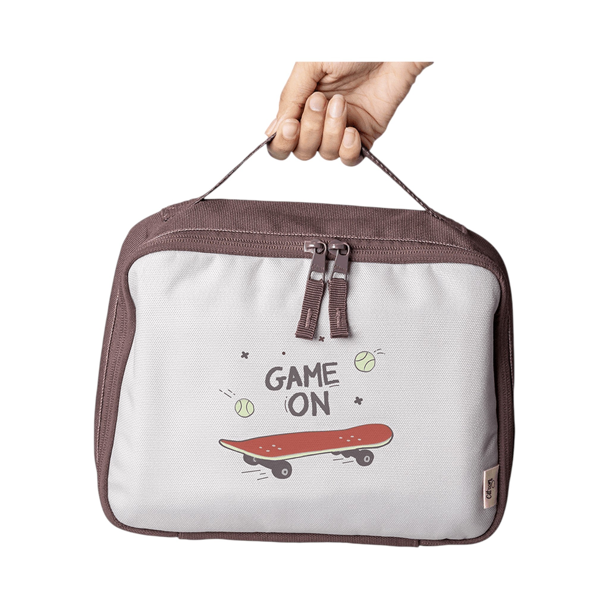 Lil Bunnies - The Collective insulated square lunch bag in grey with a skateboard print and Game On text