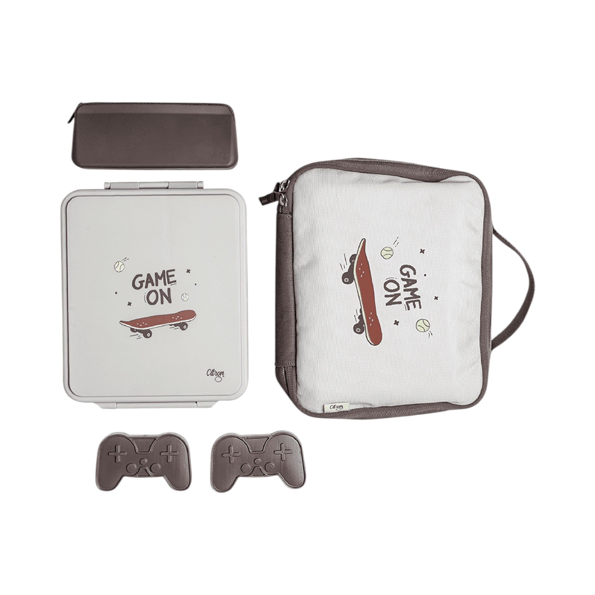 Lil Bunnies - The Collective insulated square lunch bag set with skateboard print, grey case, and controller magnets