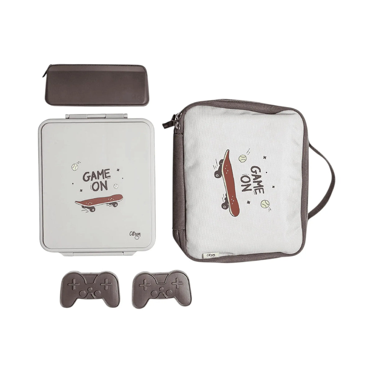 Lil Bunnies - The Collective insulated square lunch bag set with skateboard print, grey case, and controller magnets