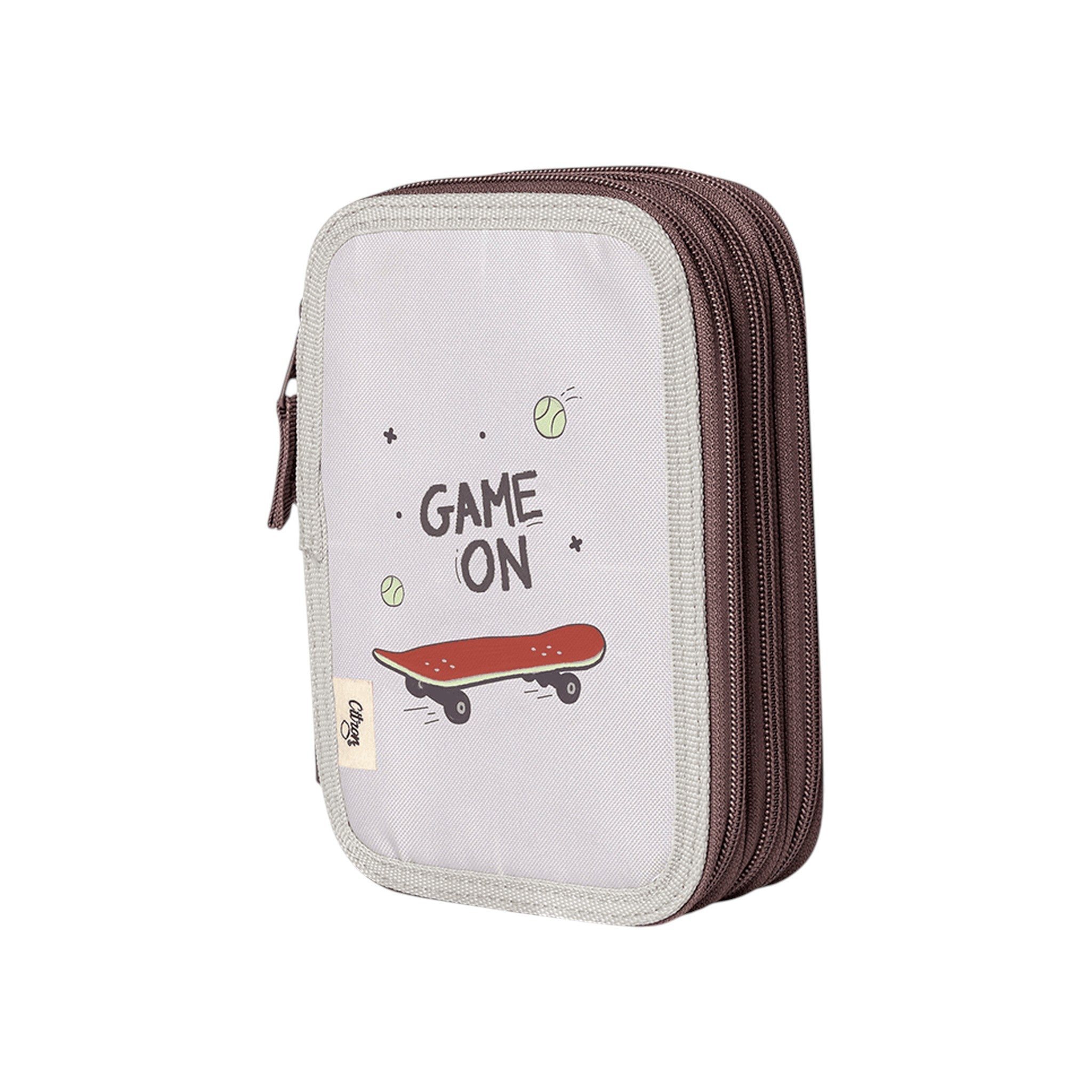 Lil Bunnies - The Collective layered pencil case in grey with a skateboard and Game On print for kids