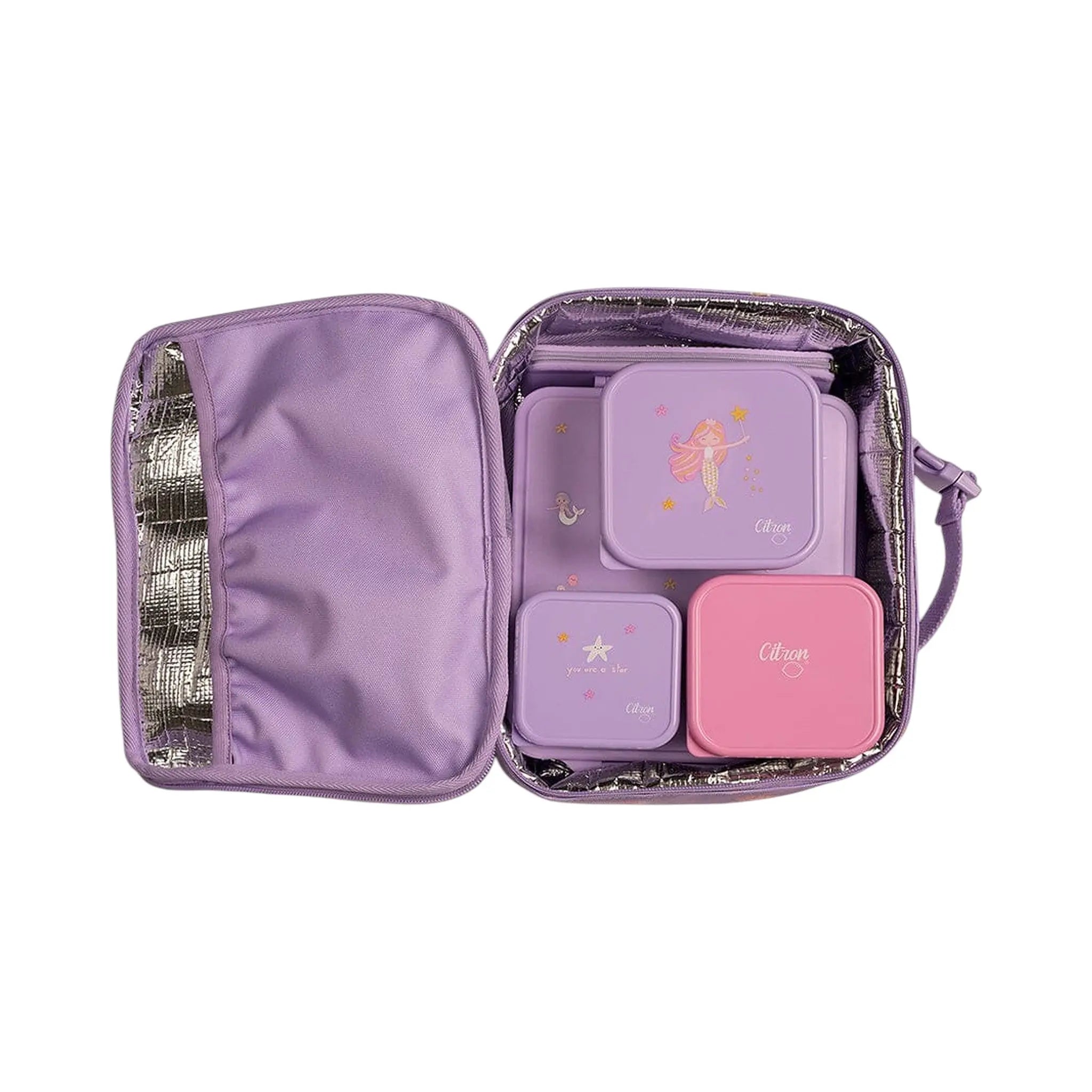 Lil Bunnies - The Collective insulated square lunch bag in purple with mermaid-themed food containers inside.
