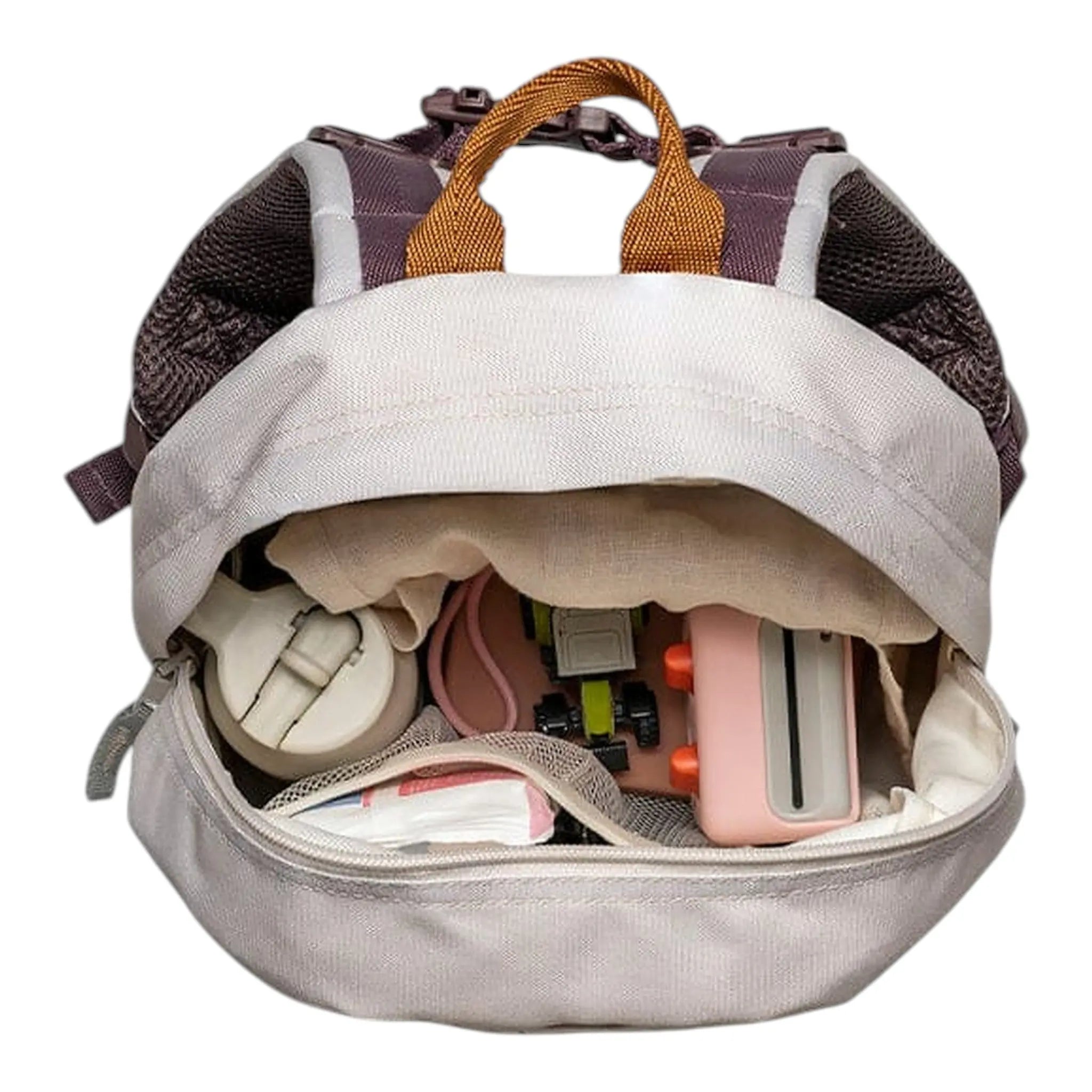 Lil Bunnies - The Collective mini backpack in light grey with open top showing internal compartments and toys