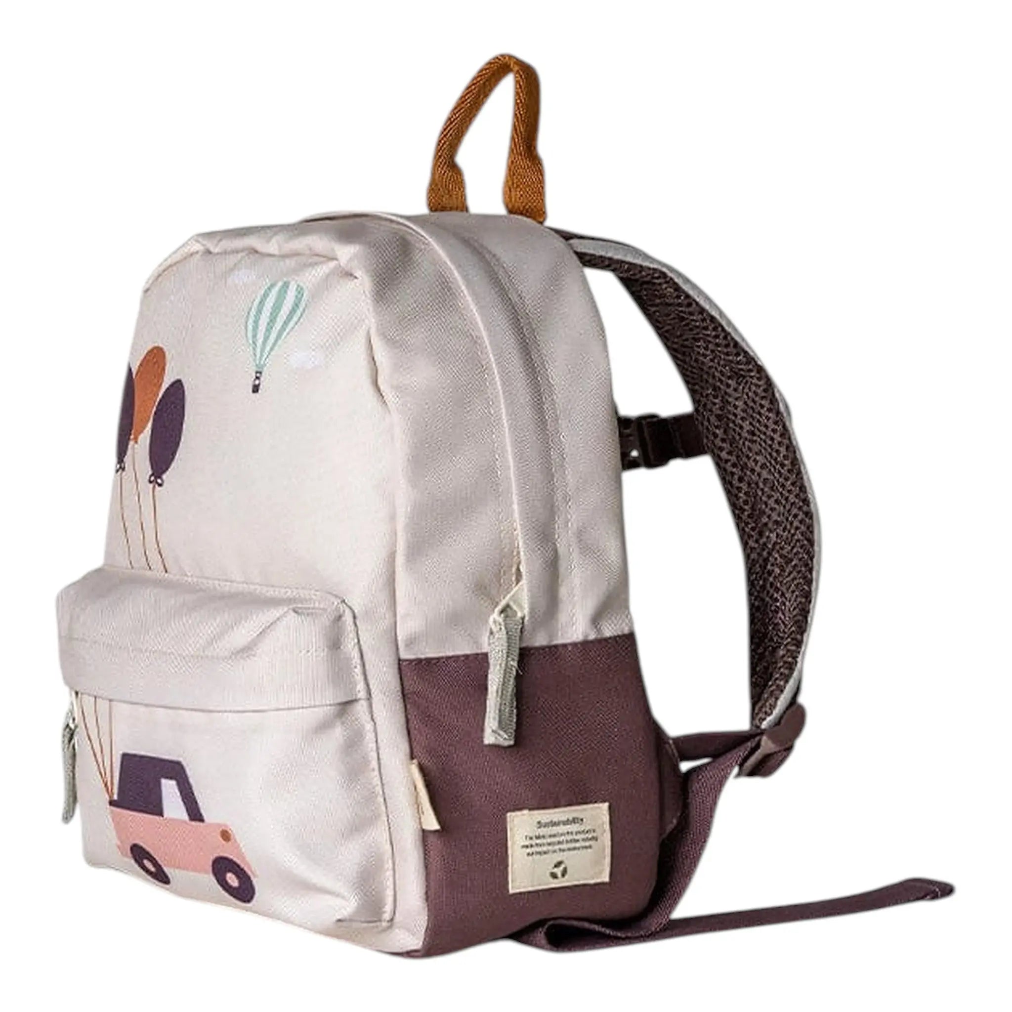 Lil Bunnies - The Collective mini backpack in cream and brown featuring a cute vehicle and balloon print design.