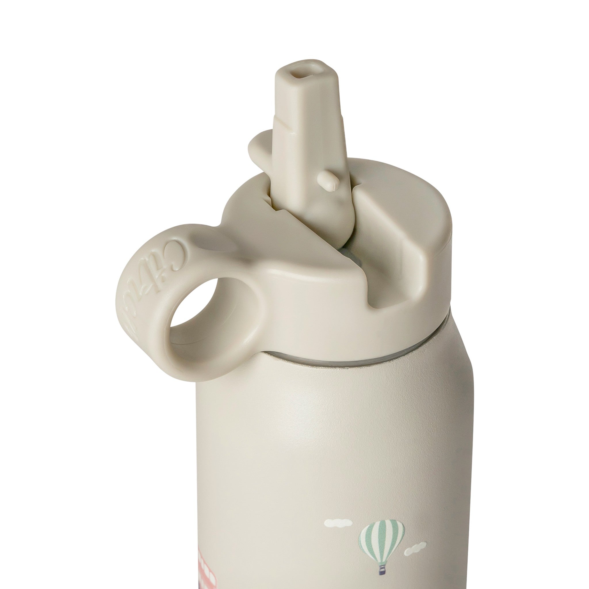 Lil Bunnies - The Collective 250ml mini water bottle in beige with a straw lid and vehicle print on a black background