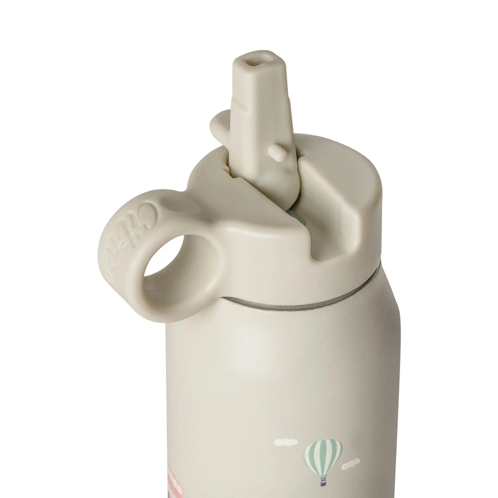 Lil Bunnies - The Collective 250ml mini water bottle in beige with a straw lid and vehicle print on a black background