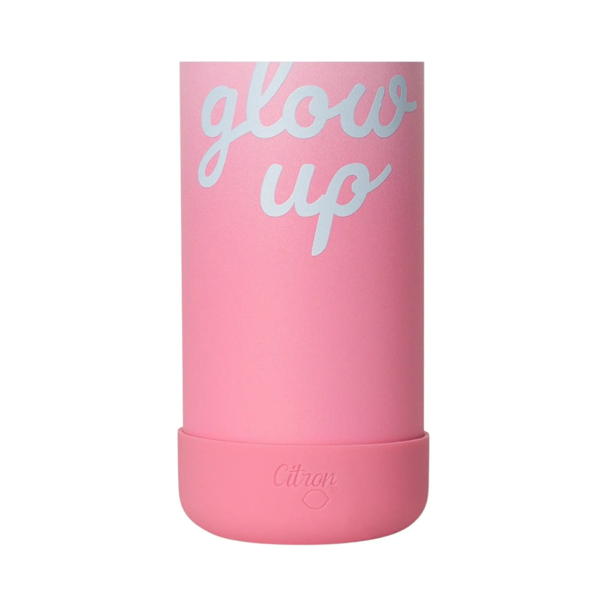 Lil Bunnies - The Collective 500ml pink water bottle with white glow up text and a protective silicone base