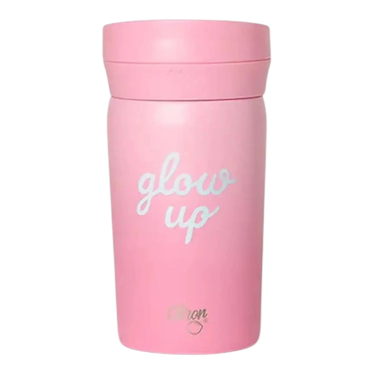 Lil Bunnies - The Collective 320ml pink travel coffee mug featuring a white Glowup script design