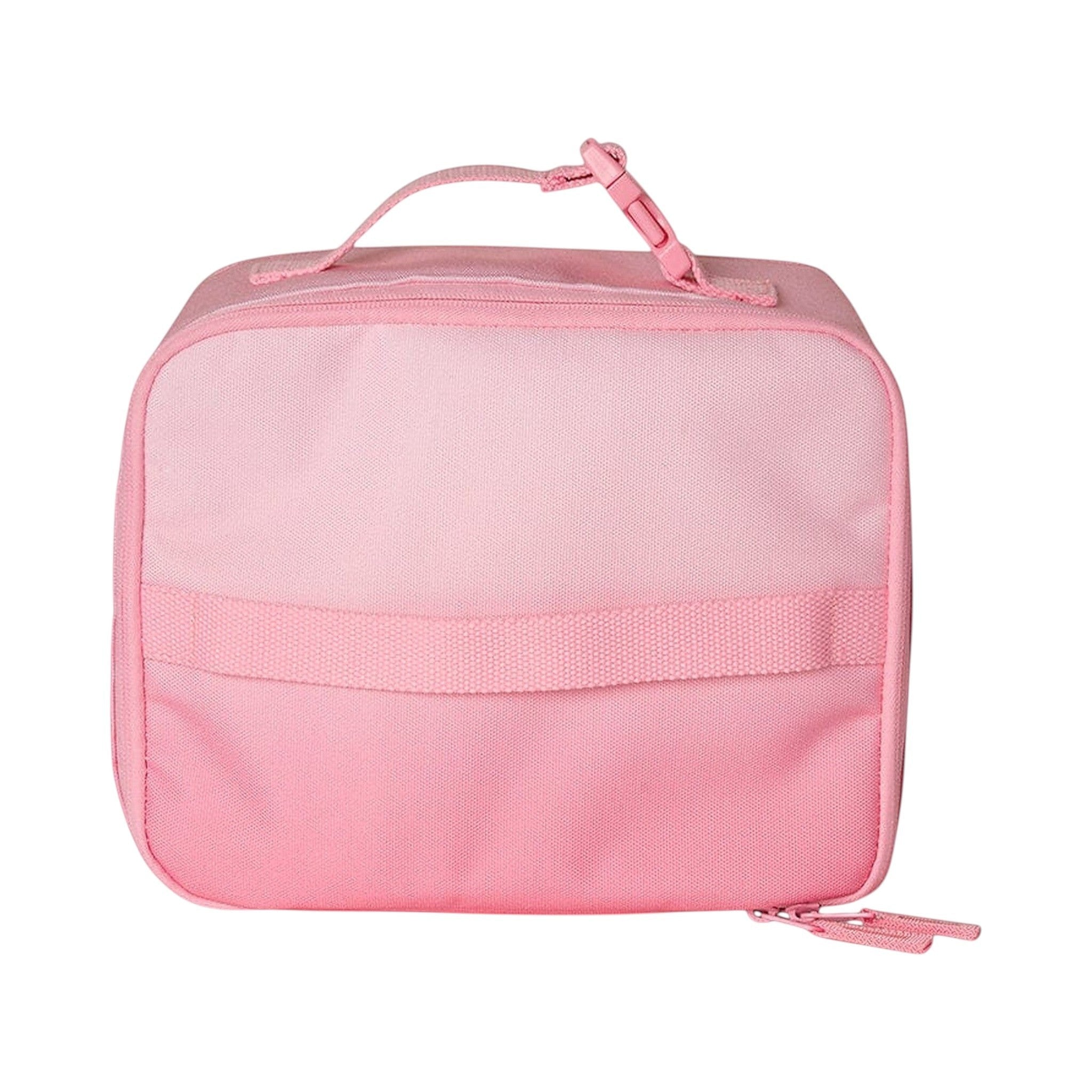 Lil Bunnies - The Collective pink insulated square lunch bag with a top carry handle and zipper closure.