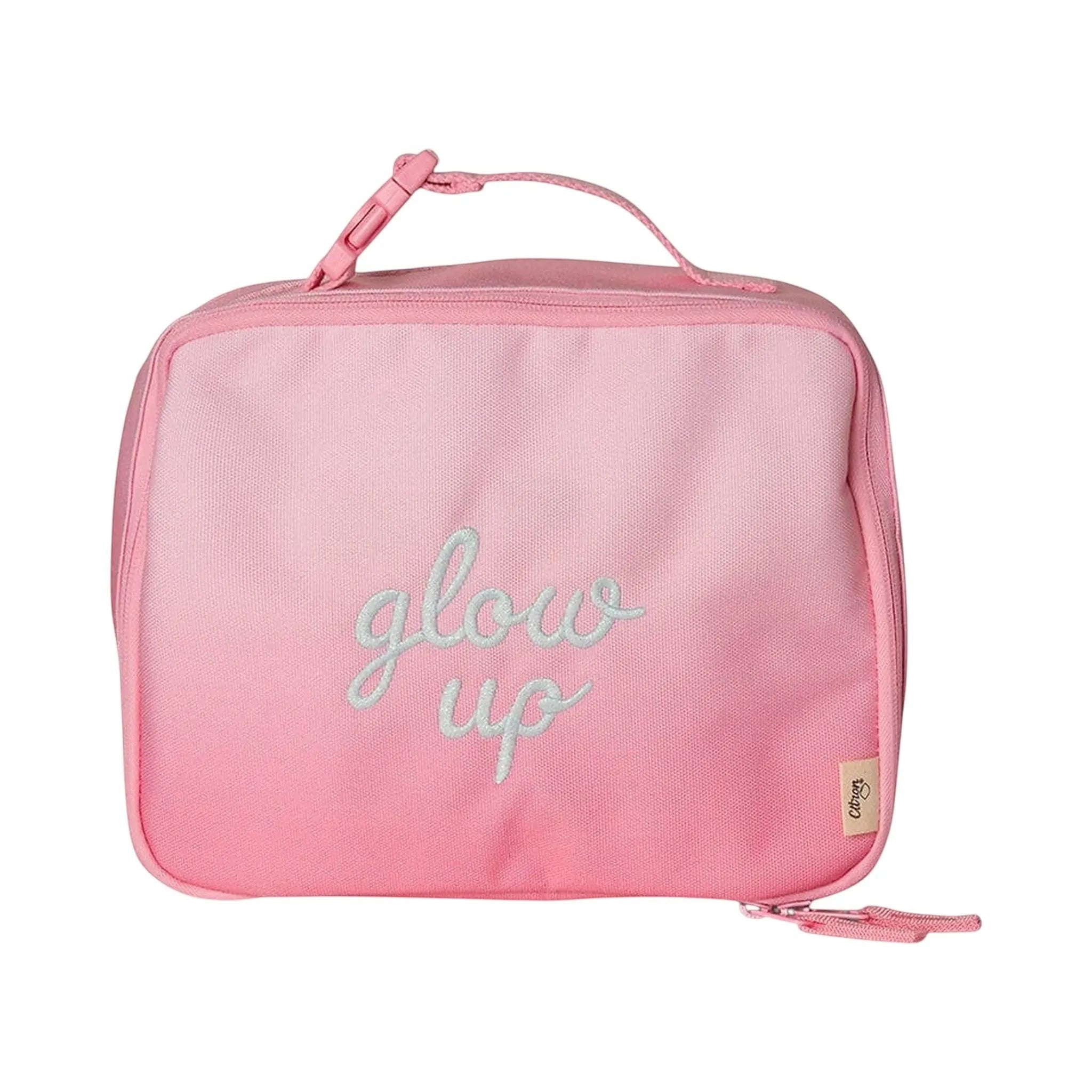 Lil Bunnies - The Collective square insulated lunch bag in pink with glow up embroidery and top carry handle