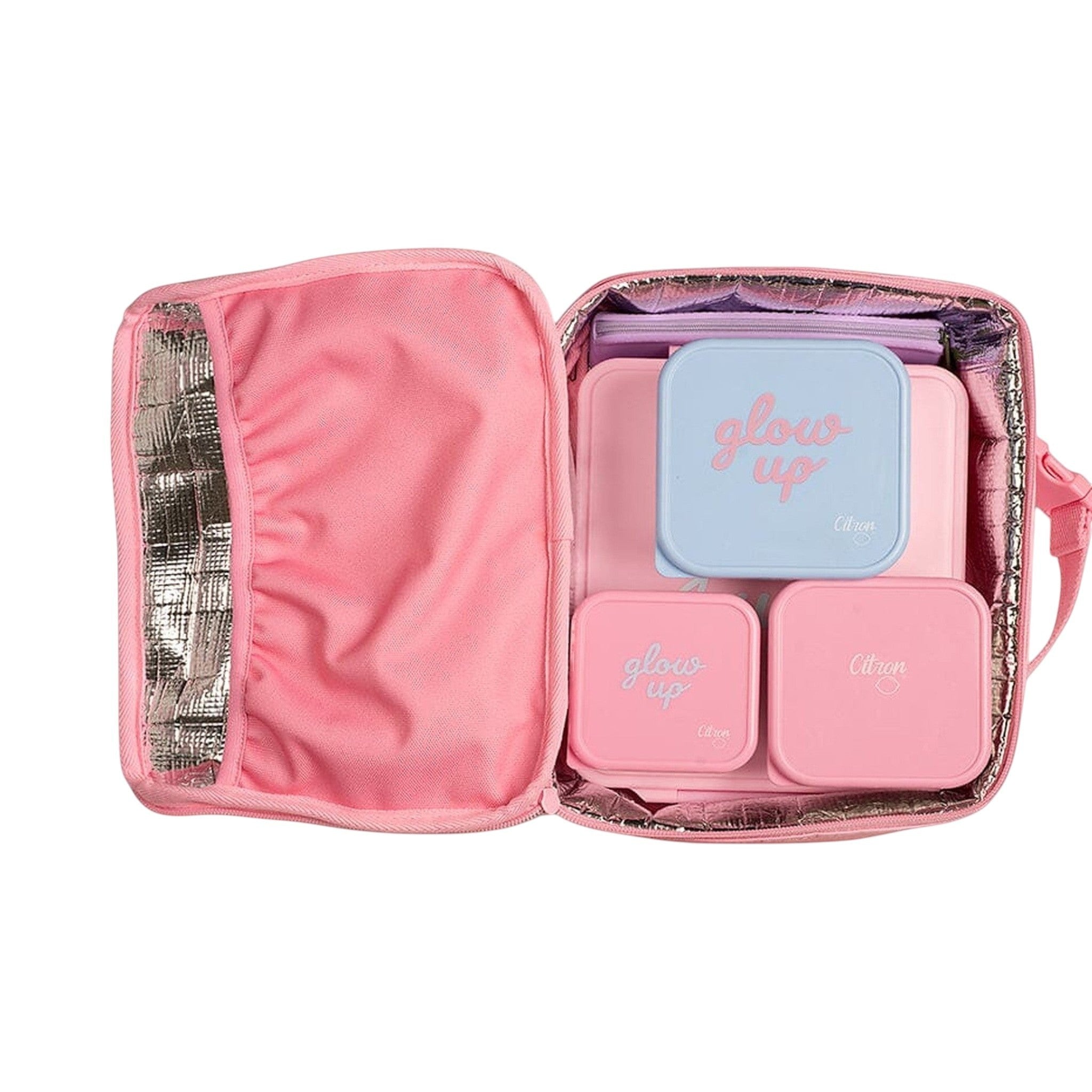 Lil Bunnies - The Collective pink insulated square lunch bag open with matching pastel food containers inside