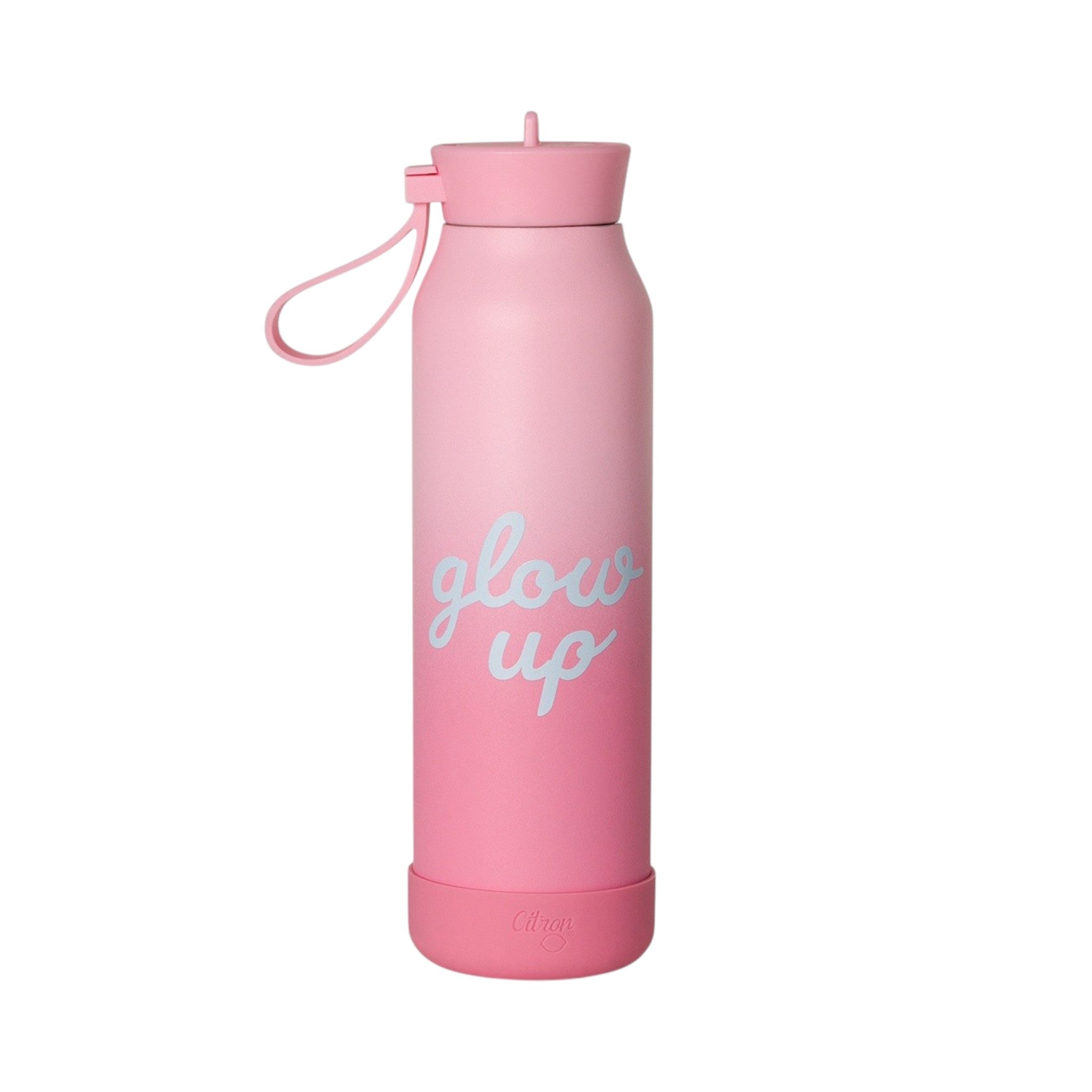 Lil Bunnies - The Collective 500ml pink ombre water bottle with glow up text and silicone carry loop