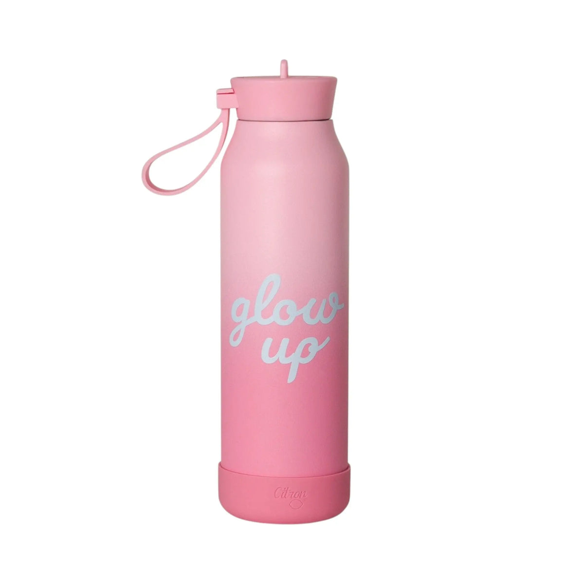 Lil Bunnies - The Collective 500ml pink ombre water bottle with glow up text and silicone carry loop